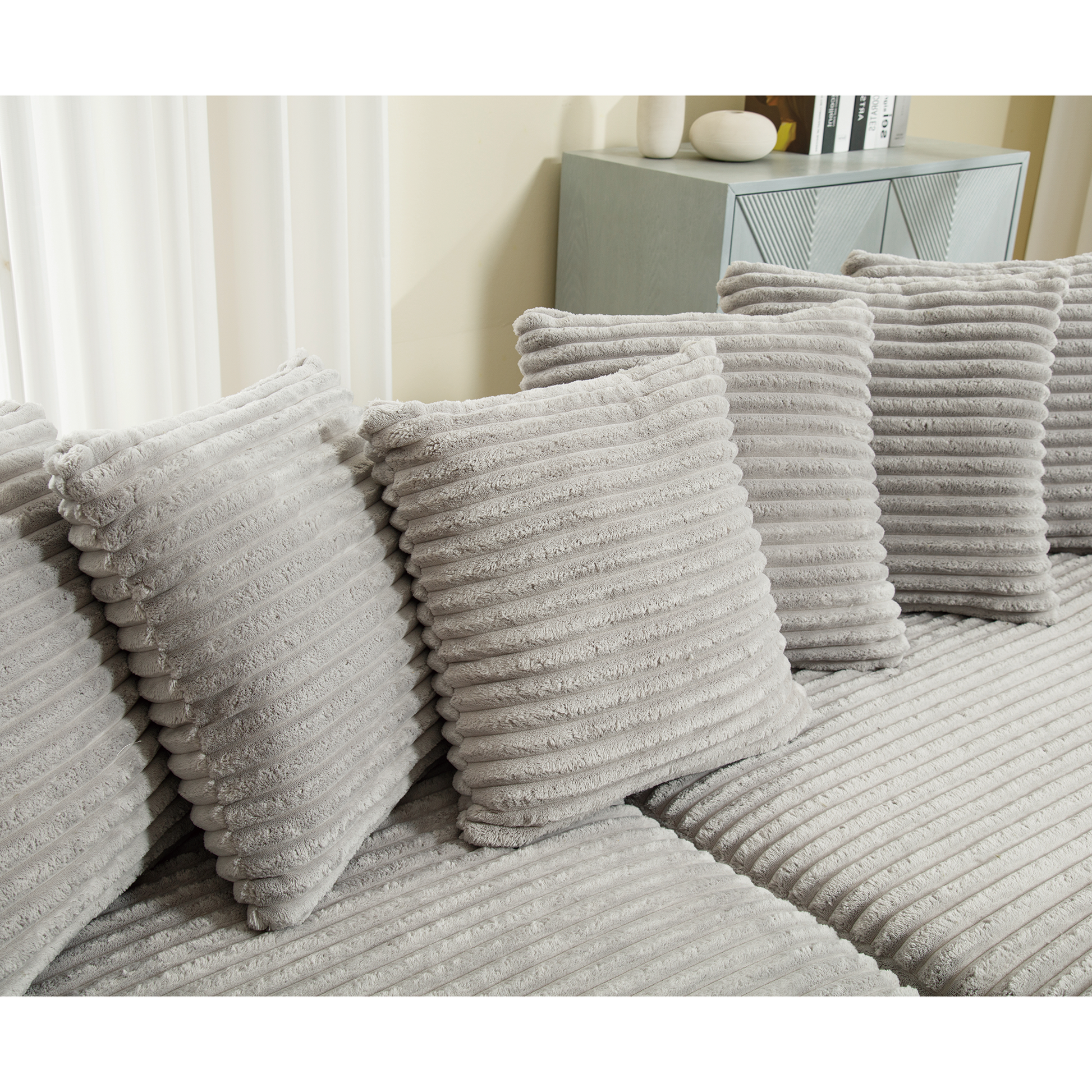 Arrived Oversized Two Piece Couches, L Shaped Sofa, Corduroy, Right Chaise Daybed,With Armrests,Eight Throw Pillows,Corner Sofa,Easy To Assemble, Gray Gray Polyester Wood Primary Living Space Medium Soft Pillow Back Modern Square Arms Wood 3 Seat