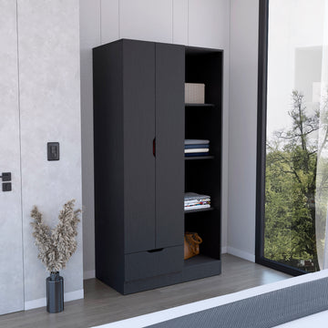 Memphis Wardrobe Armoire With 4 Tier Storage Shelves And 1 Drawer Black Black Particle Board