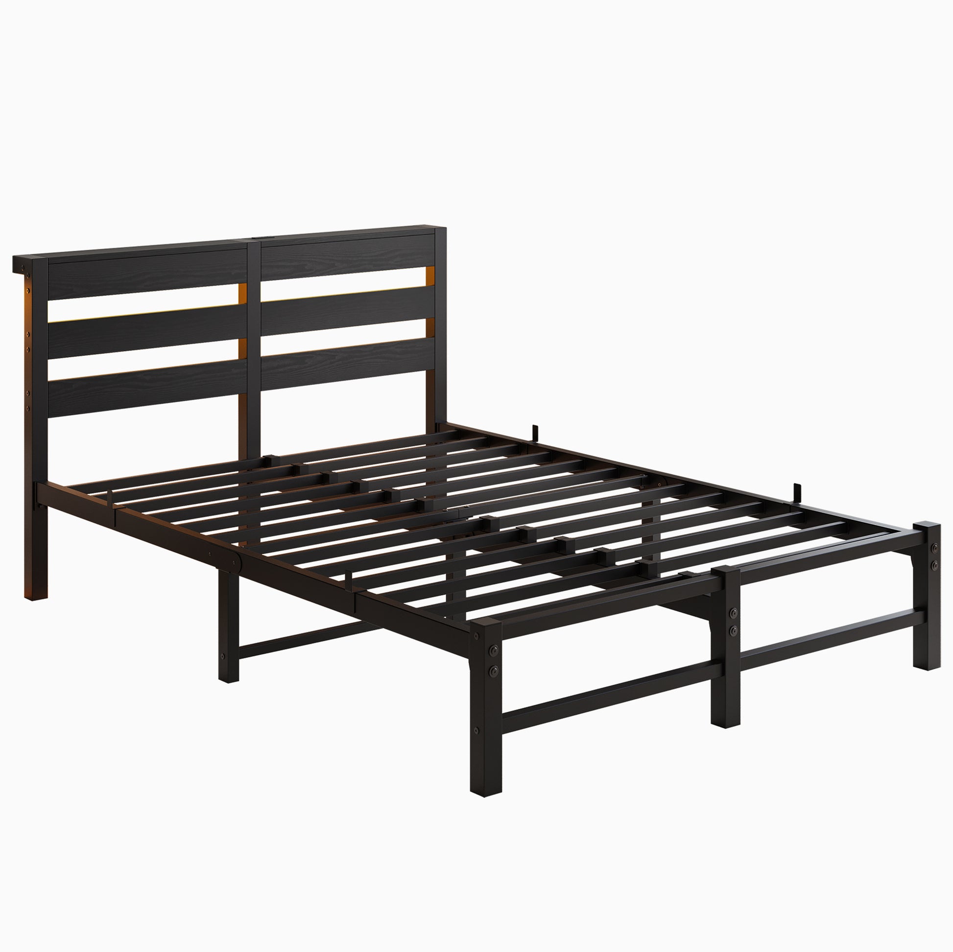 Full Size Metal Bed Frame With Wooden Headboard, Rgb Lights, Outlets & Charger, Storage Shelf, Noise Free, No Box Spring Needed Box Spring Not Required Full Black Metal Bedroom Bed Frame Metal & Wood