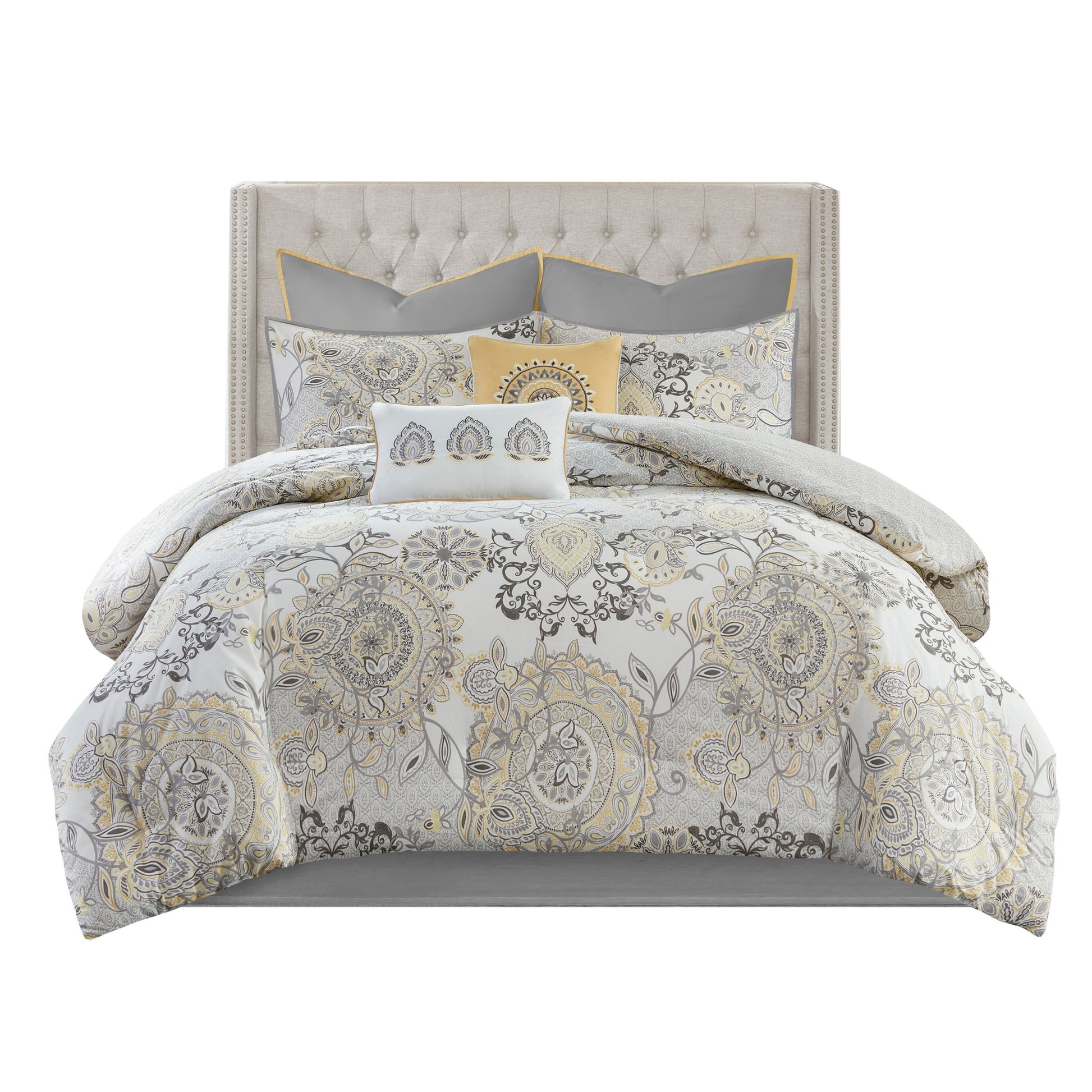 8 Piece Cotton Floral Printed Reversible Comforter Set Yellow Queen Queen Yellow Cotton
