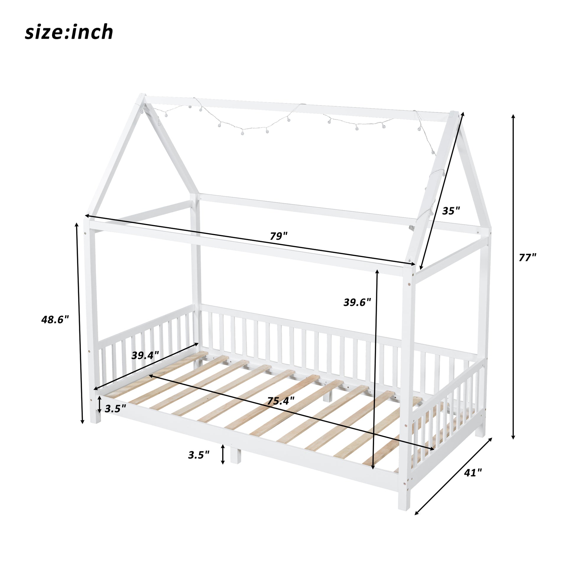 Wood Twin Size House Bed With Guardrail And Led, White Box Spring Not Required Twin White Wood Bedroom Solid Wood Mdf