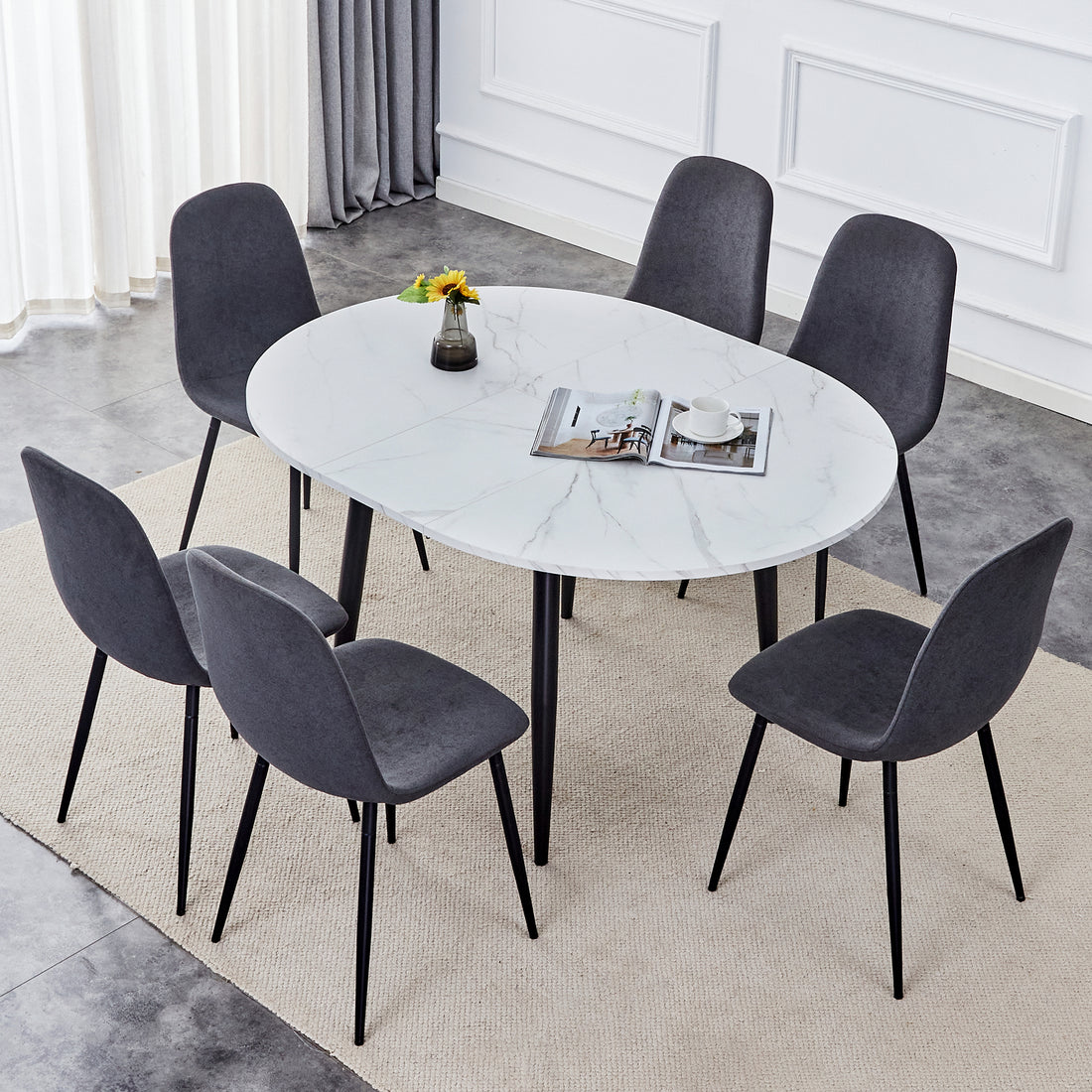 Table And Chair Set.Modern Extendable Mdf Dining Table.The Table Has A Telescopic Design, Suitable For Gatherings Of Different Size.Paired With 6 Chairs With Fabric Cushion And Black Metal Legs. Dark Gray,White Seats 6 Mdf Metal