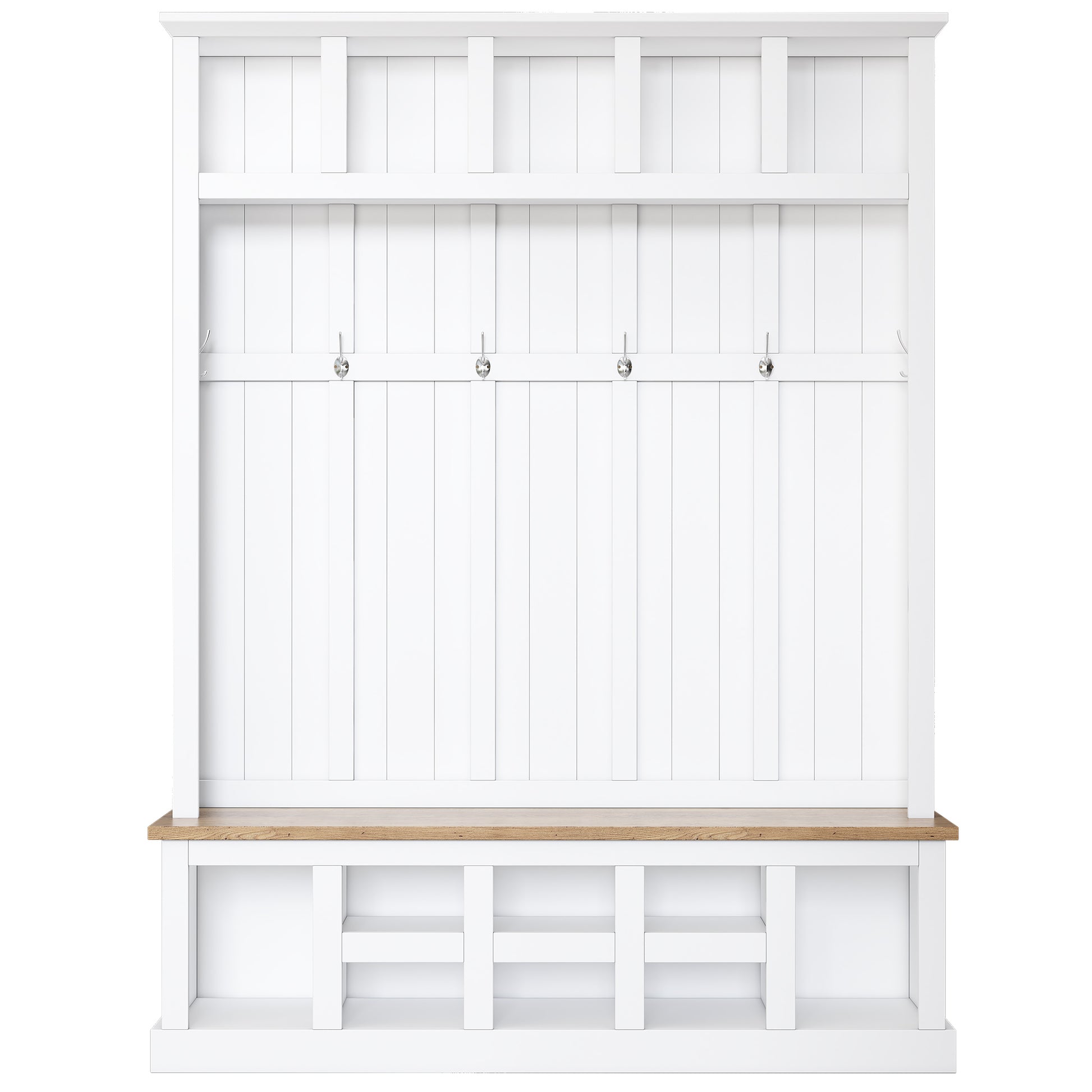 Farmhouse Wooden Style 78''H Modern Hall Tree With Wide Storage Seating Bench, Entryway Shoe Cabinet With 13 Compartments, Elegant Coat Rack With 6 Hooks For Mudroom, Living Room, White White Primary Living Space Particle Board