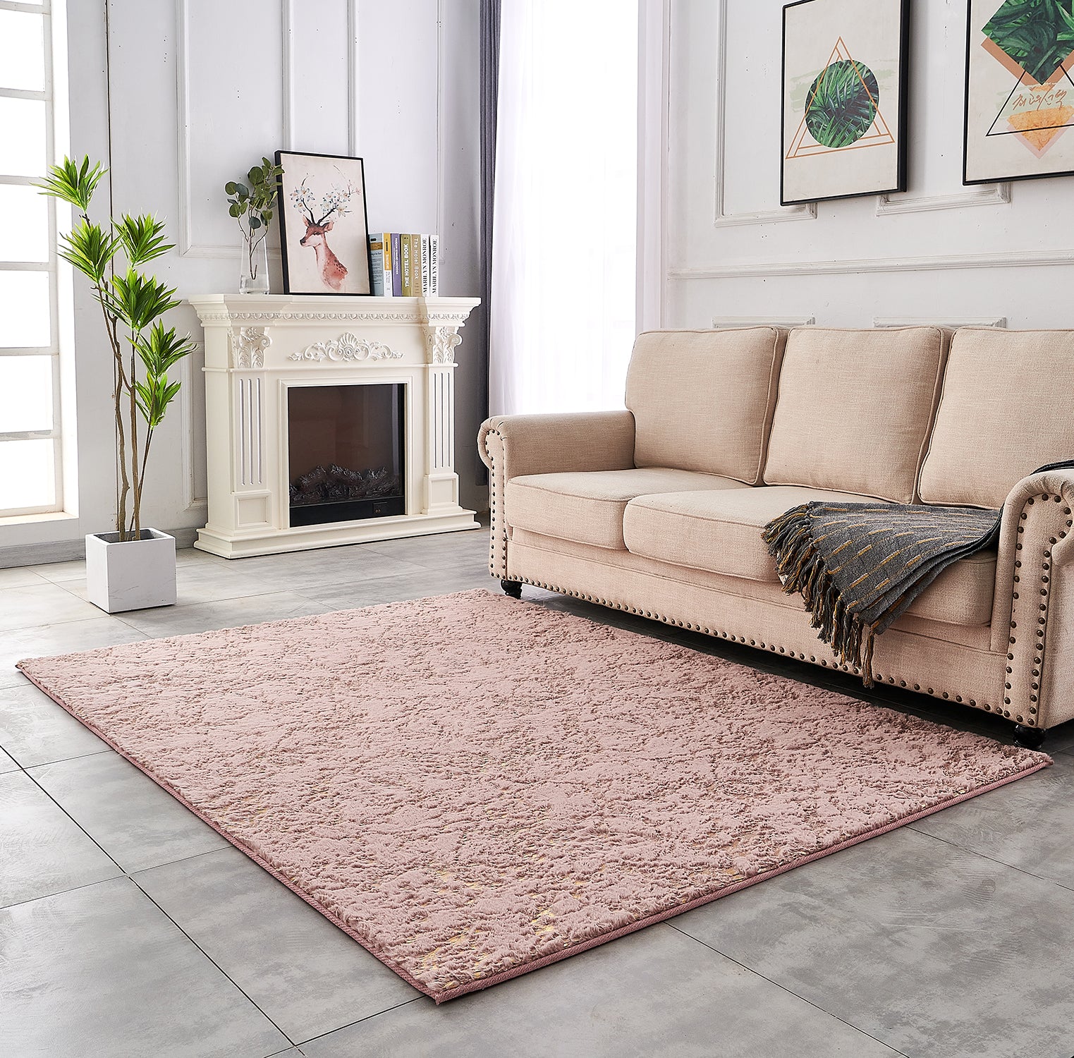 Luxury Machine Washable Dust Pink Abstract Gold Gilded Chinchilla Faux Fur Area Rug Dusty Rose Polyester