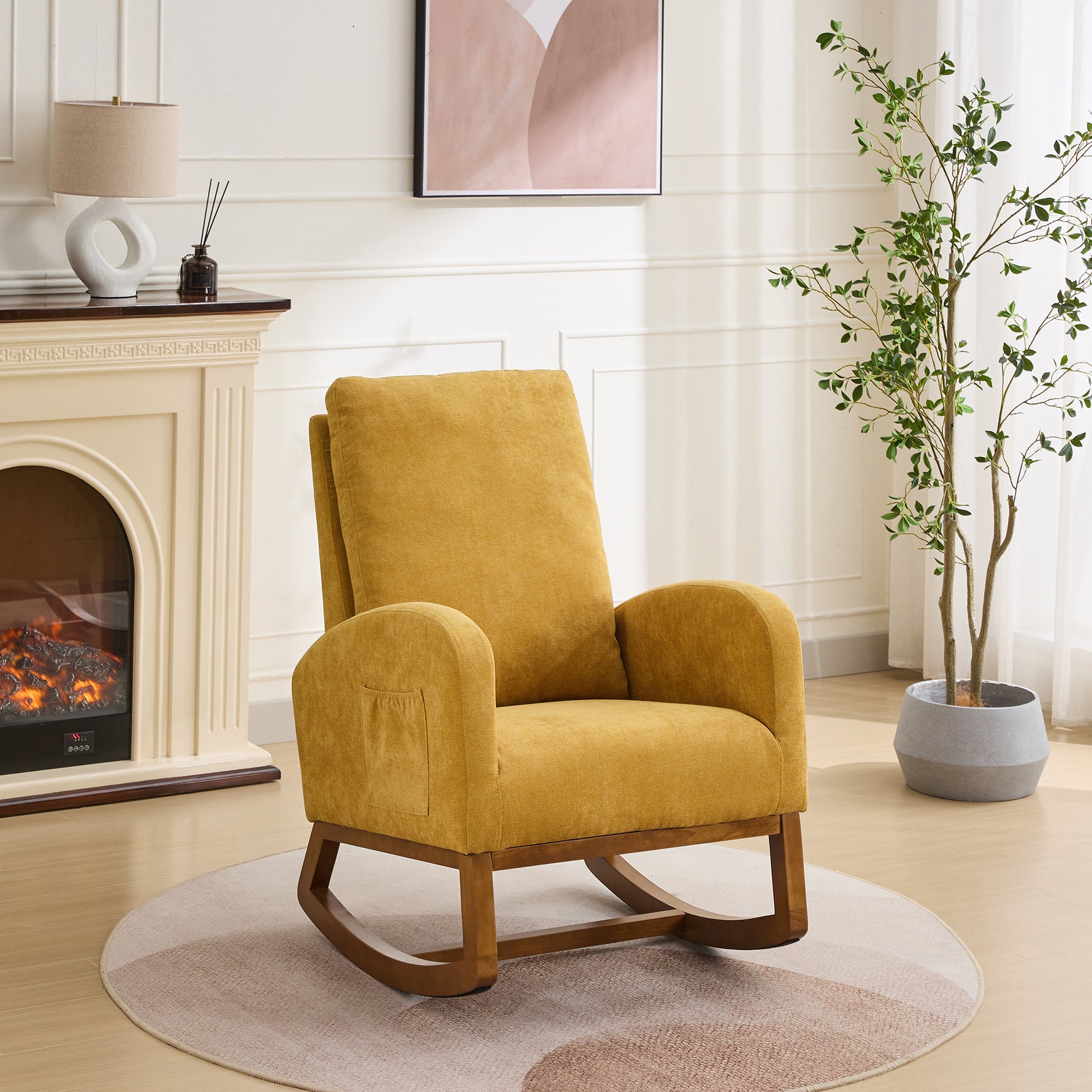 27.2"W Rocking Chair For Nursery, Polyester Glider Chair With High Back And Side Pocket, Rocking Accent Armchair With Rubber Wood Legs For Living Room Bedroom.Mustard Mustard Polyester