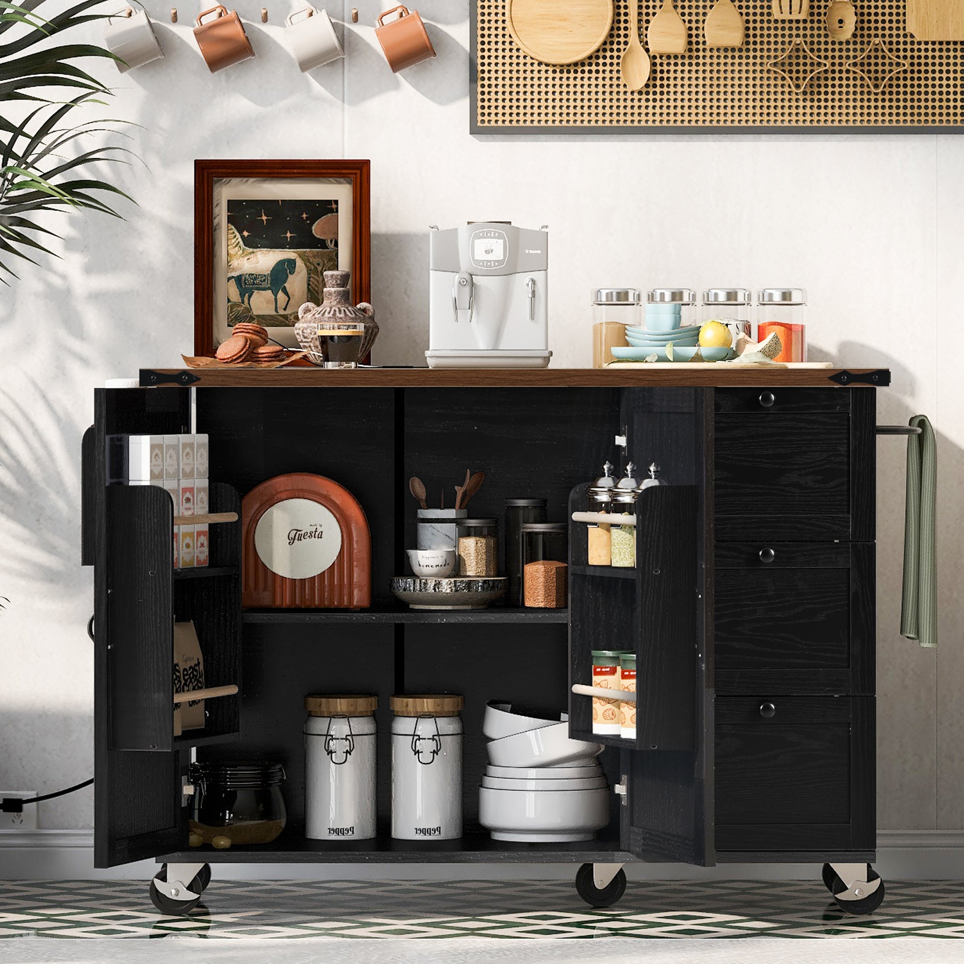 K&K 54.5" Farmhouse Kitchen Island With Power Outlet, Kitchen Storage Island With Internal Storage Rack, Drop Leaf, Spice Rack, Rolling Kitchen Cart On Wheels, For Home, Kitchen And Dining Room,Black Black Brown Kitchen Classic,Farmhouse,Luxury,Modern