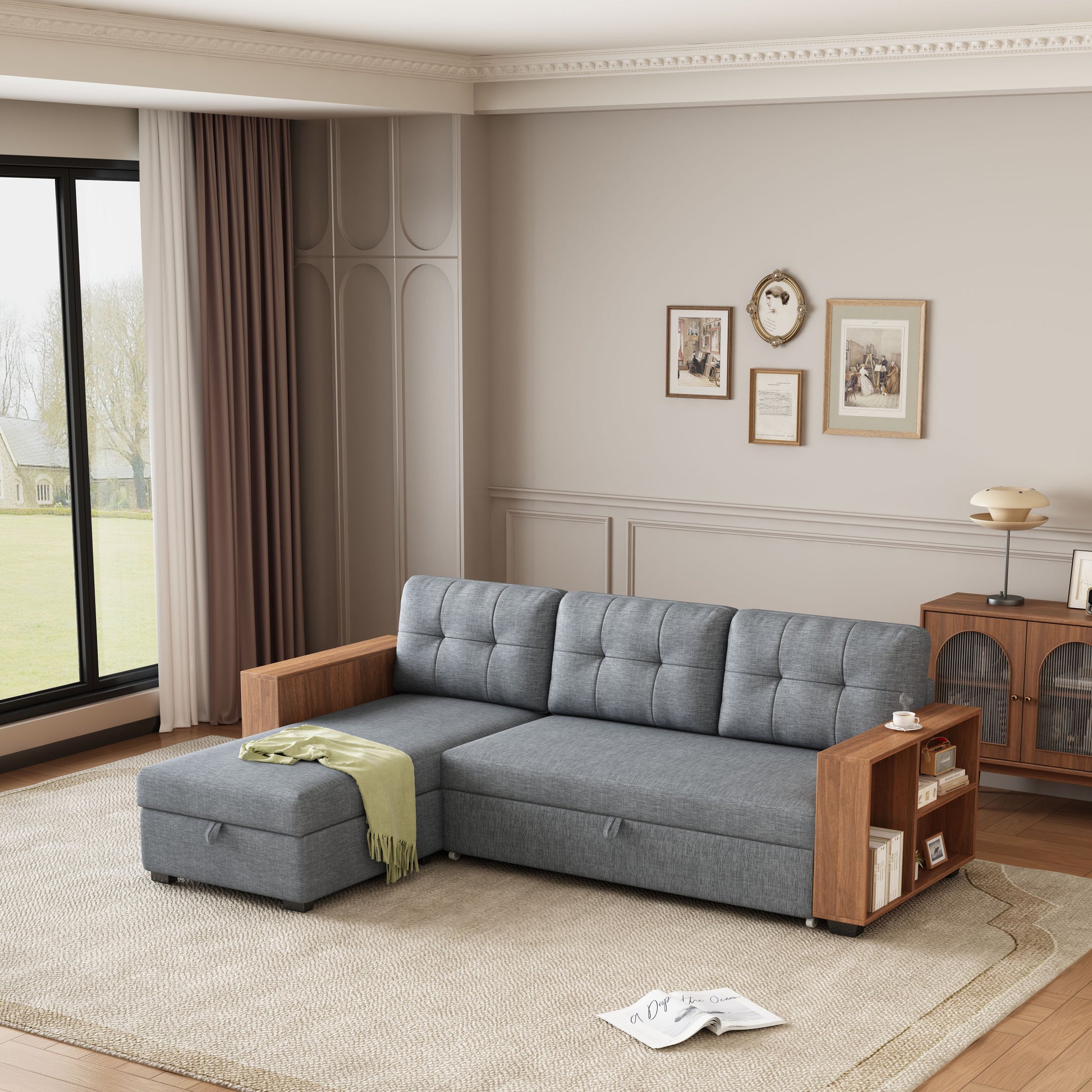 Upholstered Pull Out Sectional Sofa With Storage Chaise, Convertible Corner Couch, Light Grey Wooden Handrail Light Grey Wood Medium Soft Pillow Back Modern Square Arms Linen 3 Seat
