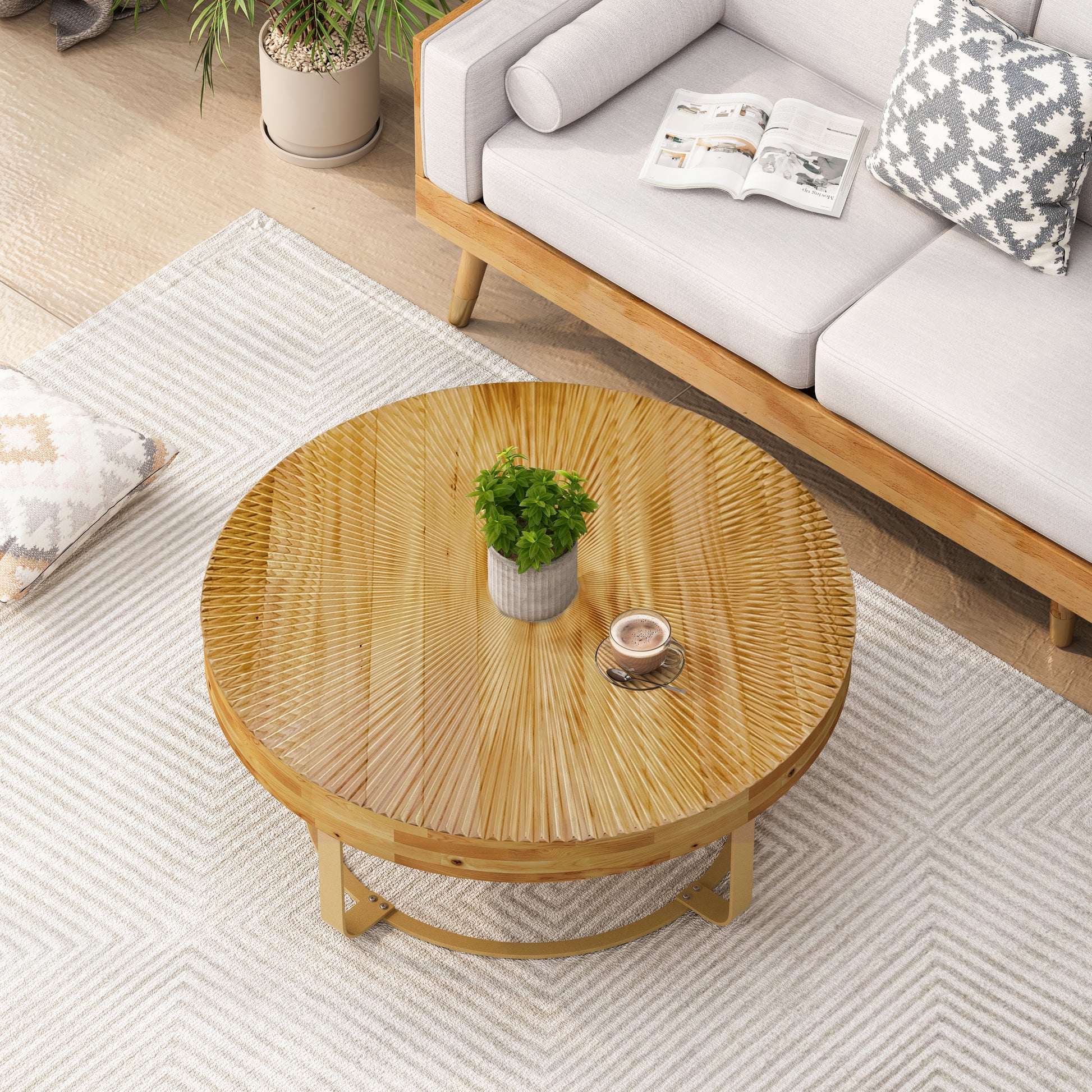 Modern Round Coffee Table Wooden Carving Pattern Coffee Table With Metal Legs For Living Room Reception Room Office Golden Natural Gold Pine