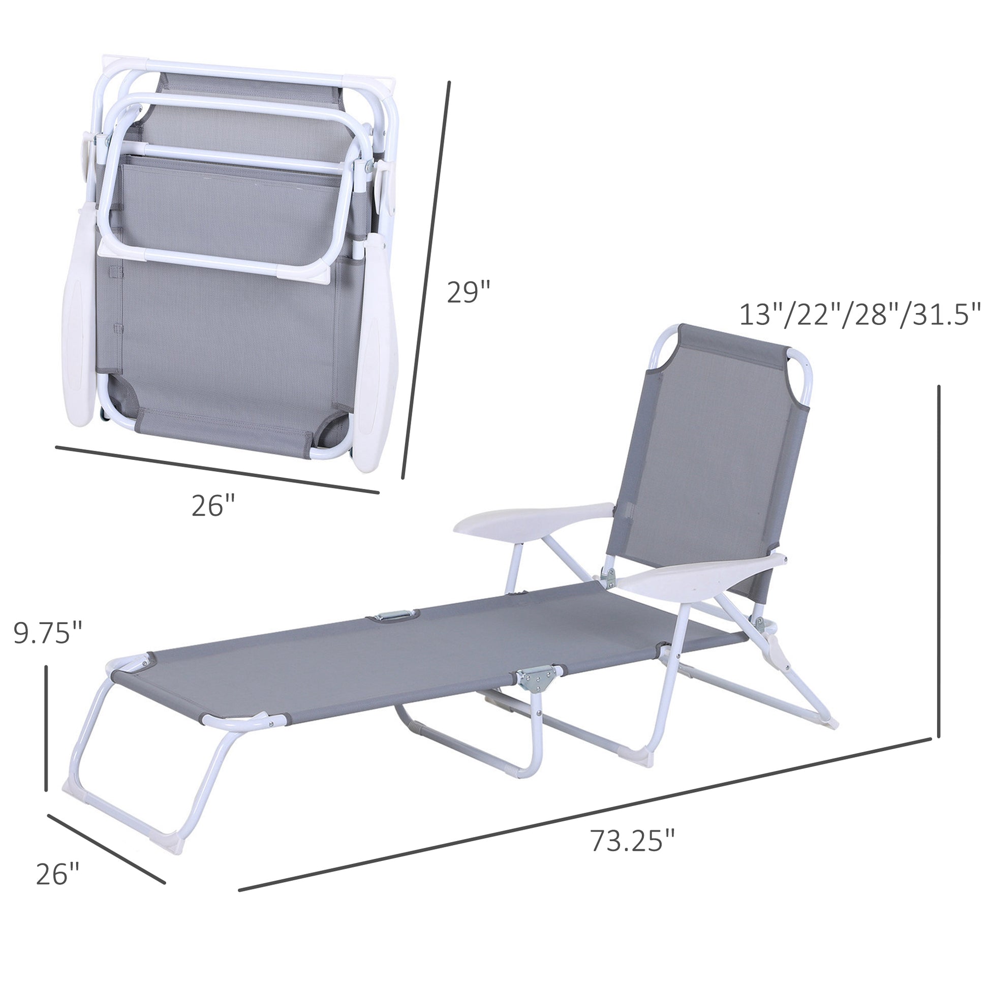 Outsunny Folding Chaise Lounge, Outdoor Sun Tanning Chair, 4 Position Reclining Back, Armrests, Metal Frame And Mesh Fabric For Beach, Yard, Patio, Gray Grey Metal