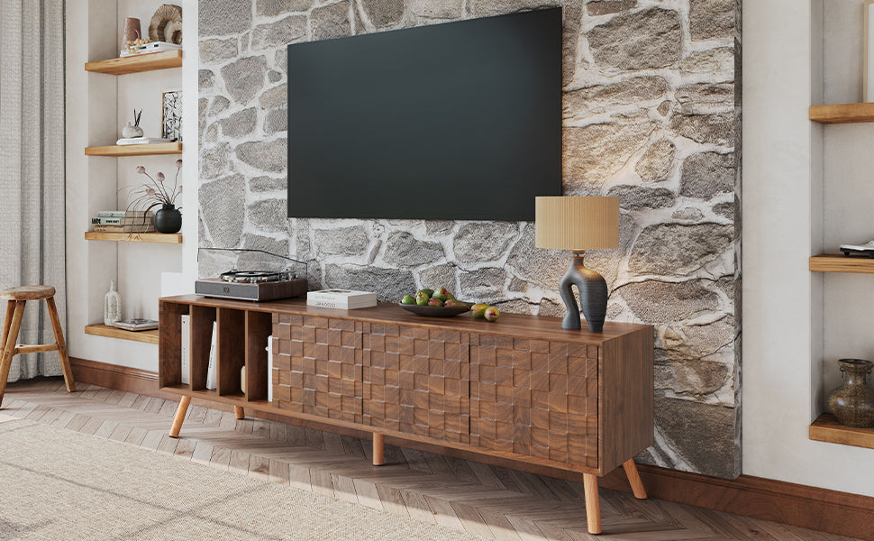 70" Mid Century Modern Tv Stand, Media Console Table For Tvs Up To 80'', Entertainment Center With 5 Solid Wood Legs For Living Room, Bedroom Walnut Primary Living Space 70 79 Inches 70 79 Inches