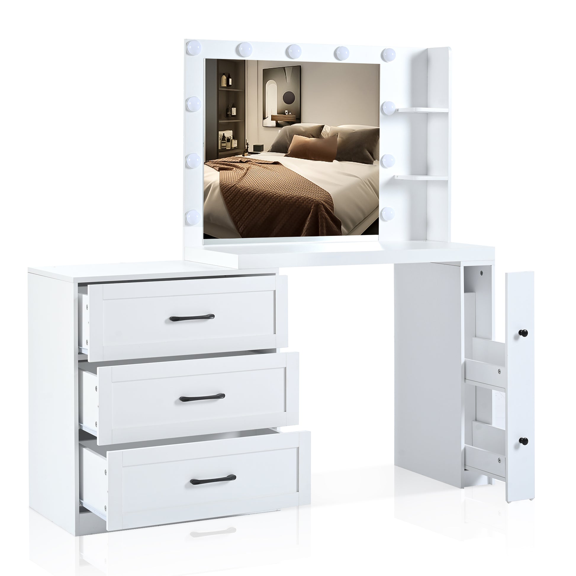 55.2" Vanity Desk With Freely Adjustable Side Cabinet, Makeup Vanity With Hollywood Lights, 5 Storage Drawers & 2 Shelves, Modern Dressing Table, White White Mdf,Tempered Glass