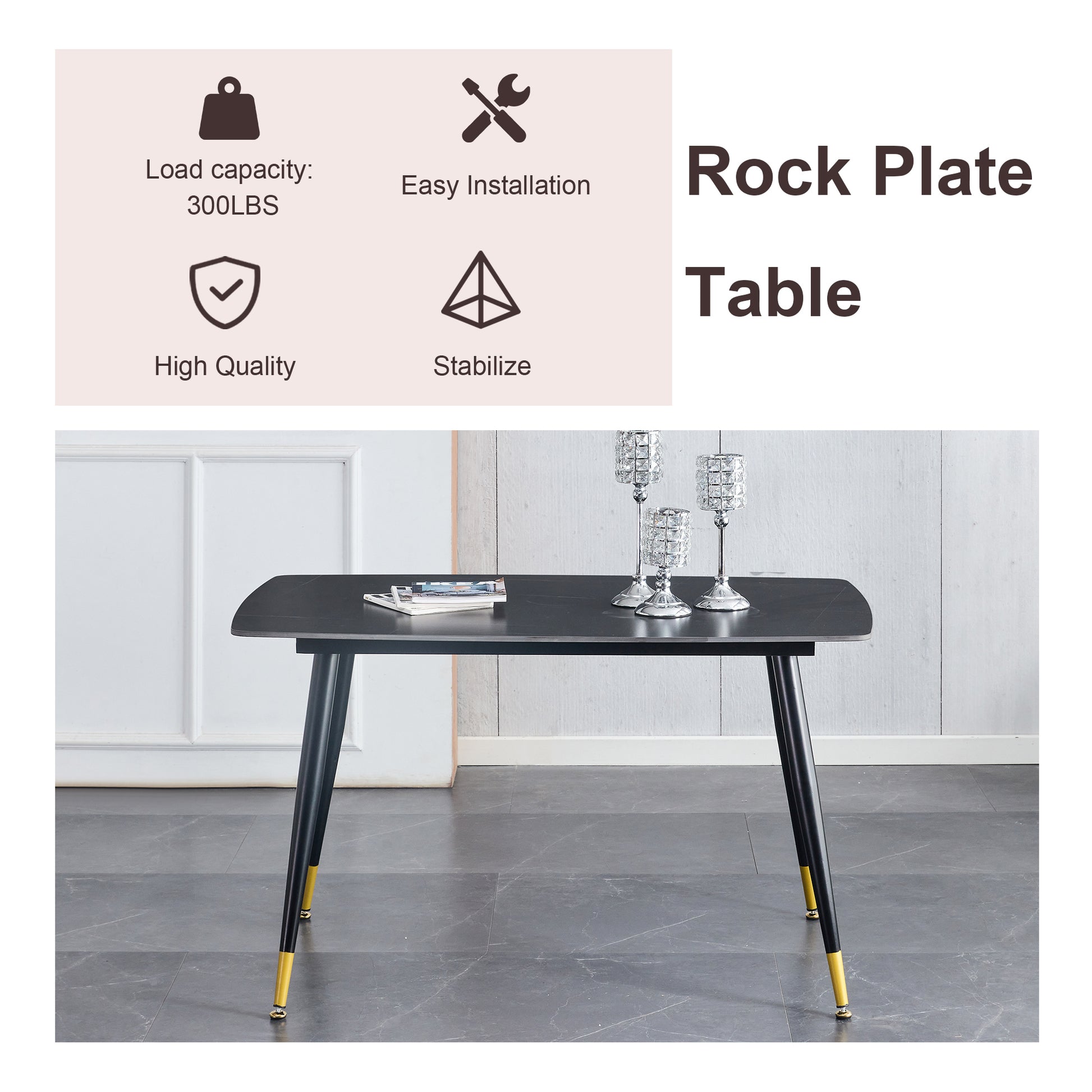 Table And Chair Set. Large Modern Rectangular Table With Black Textured Top And Black Metal Legs. Soft And Comfortable Pu Seats, Faux Leather Upholstered Seats And Sturdy Metal Legs. Grey Black Seats 4 Sintered Stone