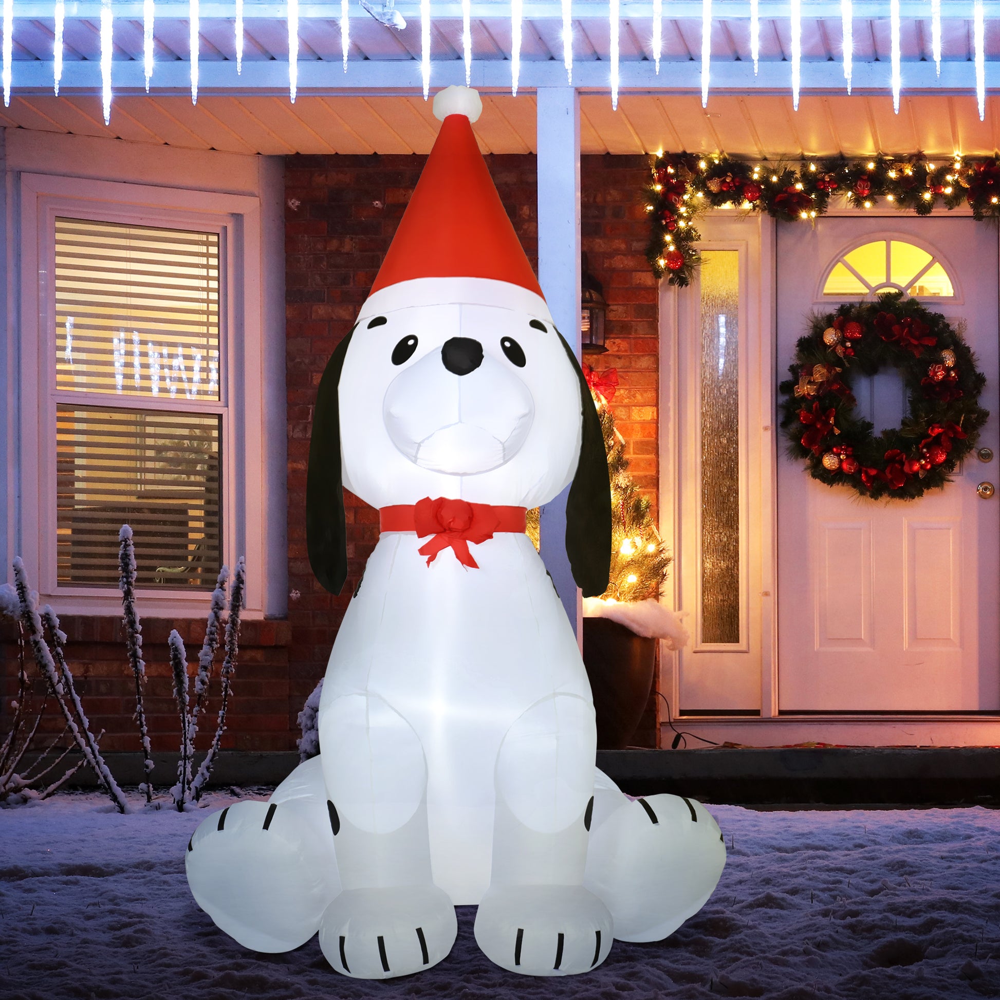 Homcom 6Ft Christmas Inflatables Outdoor Decorations Puppy Dog Wearing A Santa Hat, Blow Up Yard Christmas Decor With Led Lights Display White Fabric