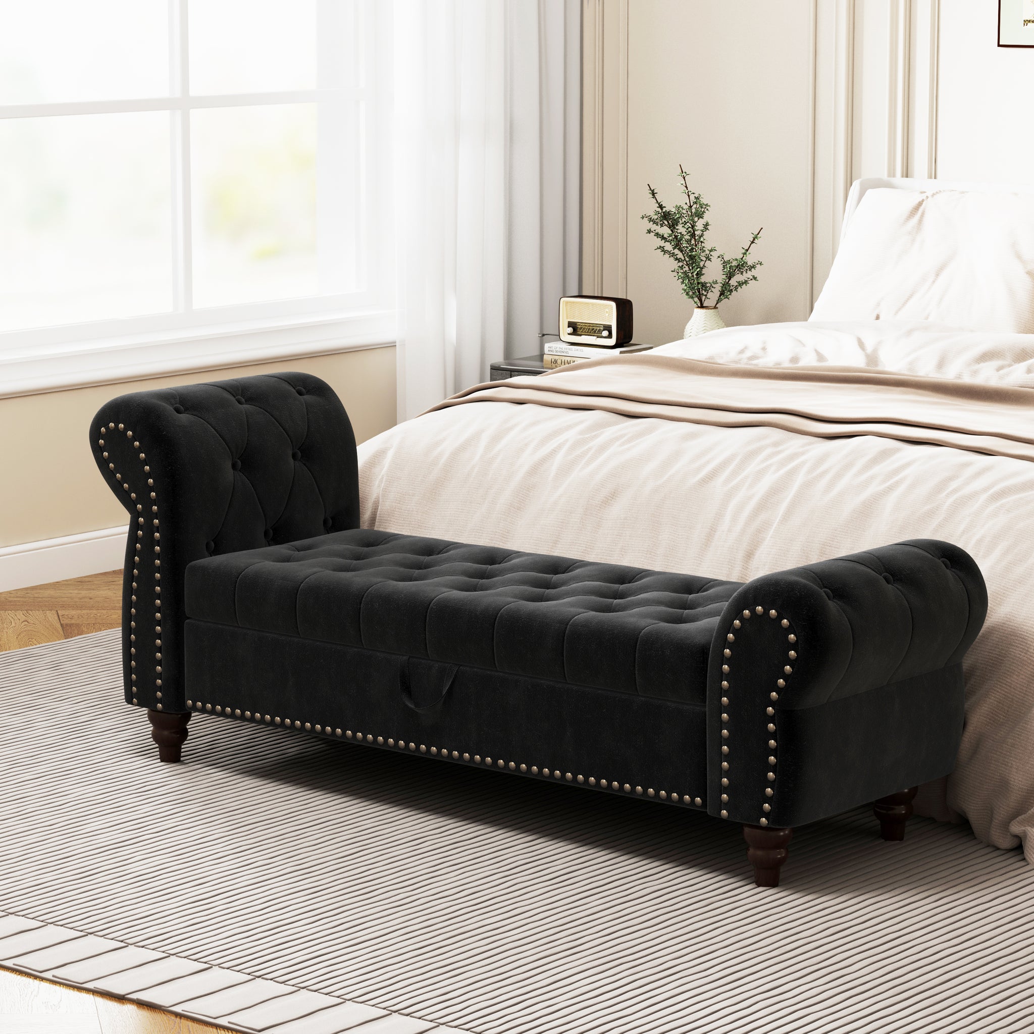 64.5" Bed Bench For Bed Room Nails Tufted Chaise Of Lounge With Storage Velvet Upholstery Black Black Bedroom Foam Velvet