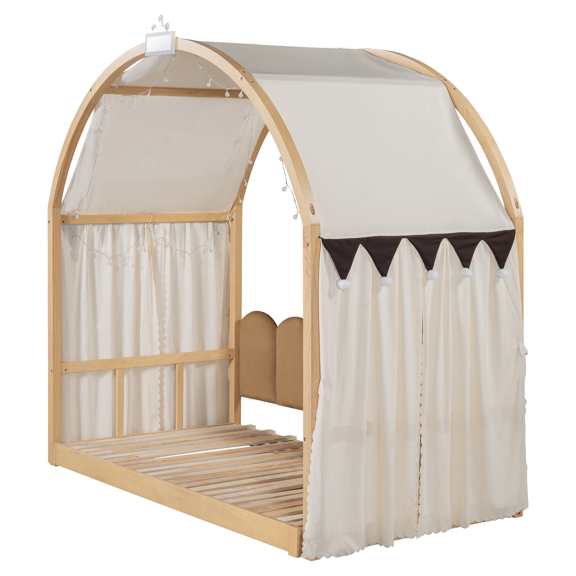 Twin Size Extended Bed With Arched Roof And Trundle, Natural Twin Natural Plywood