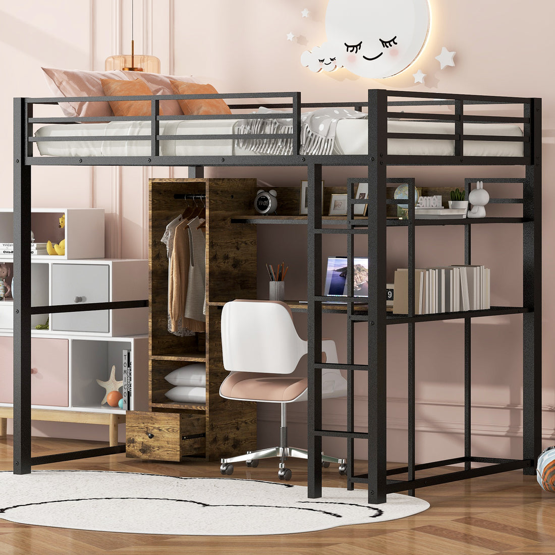 Full Size Metal Loft Bed With Built In Wardrobe, Drawer, Desk And Shelves, Black Expected Arrival Time: 9.7 Box Spring Not Required Full Black Metal Wood Metal