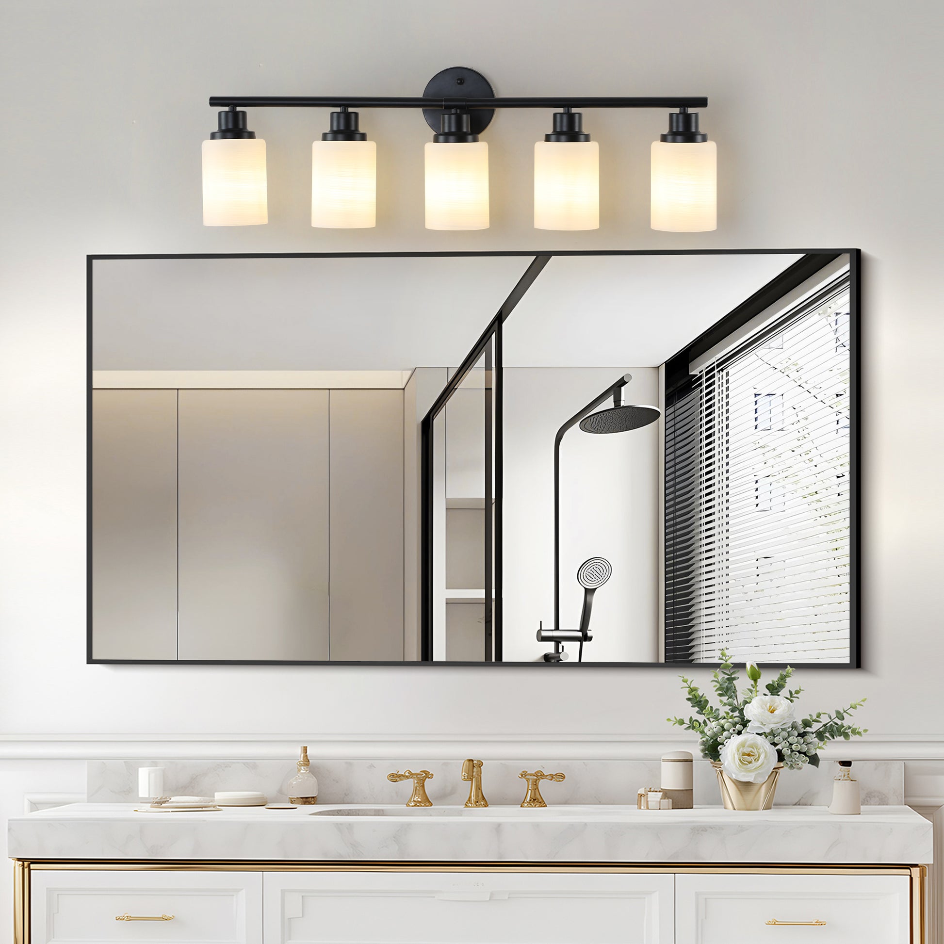 Modern 5 Light Vanity Bathroom Mirror Light, Frosted White Glass With Black Iron Frame, Contemporary Wall Sconce For Bedroom, Bathroom, And Dressing Room Bulb Not Included Black White Glass,Iron