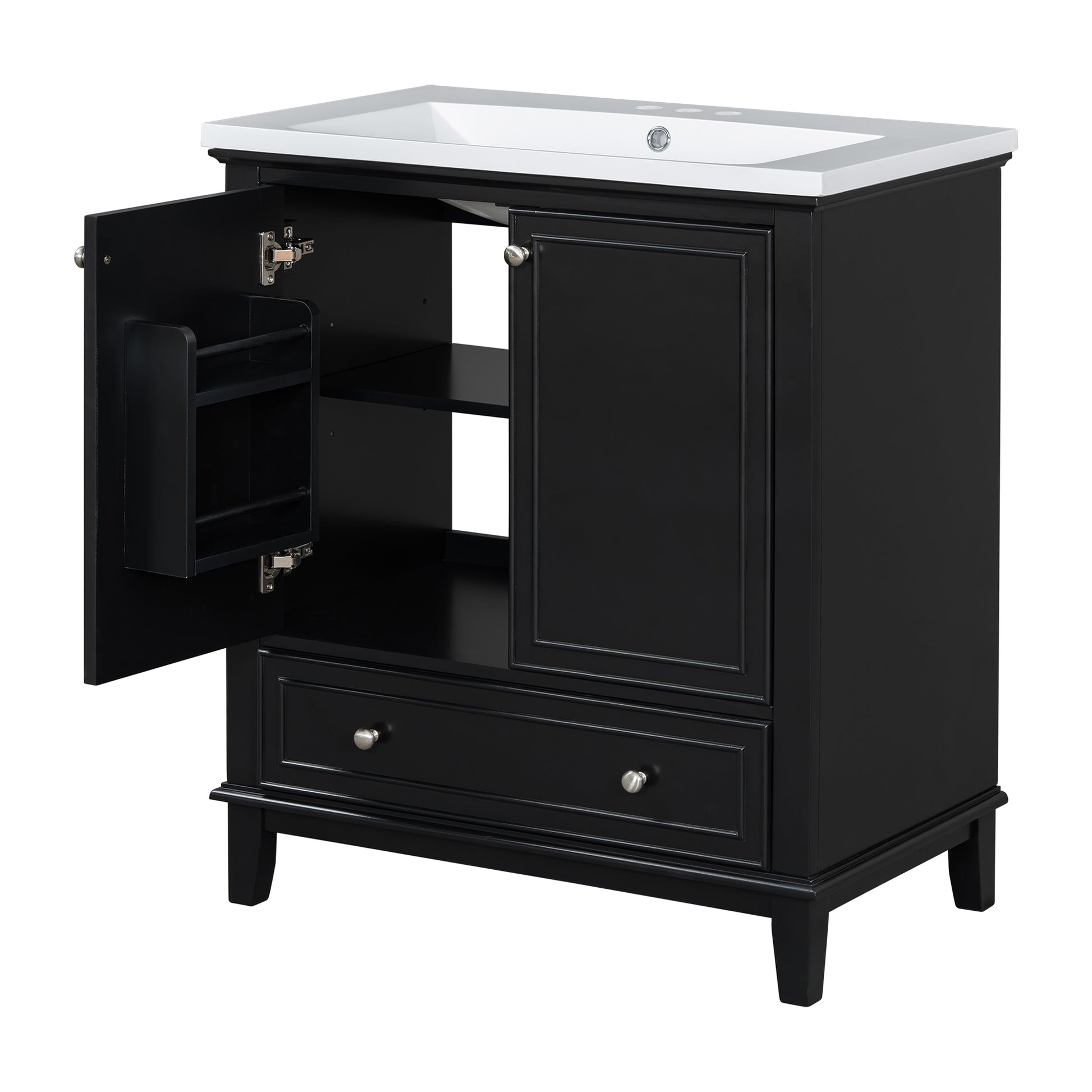 30" Bathroom Vanity With Sink Combo, Multi Functional Bathroom Cabinet With Doors And Drawer, Solid Frame And Mdf Board, Black Black Solid Wood Mdf