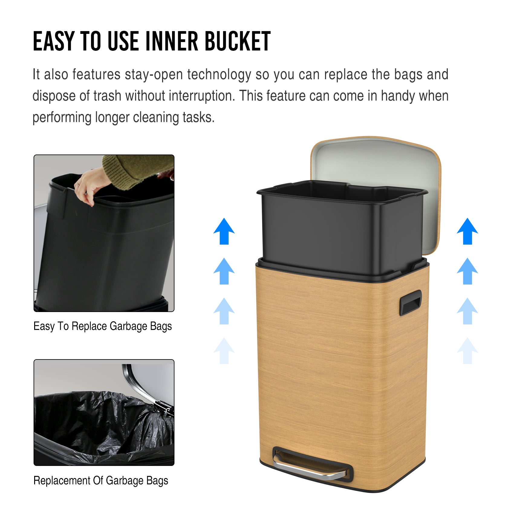 Curved Surface 13 Gallon 50L Kitchen Foot Pedal Operated Soft Close Trash Can Stainless Steel Rectangular Bustbin With 30 Garbage Bags Wood Texture Wood Steel