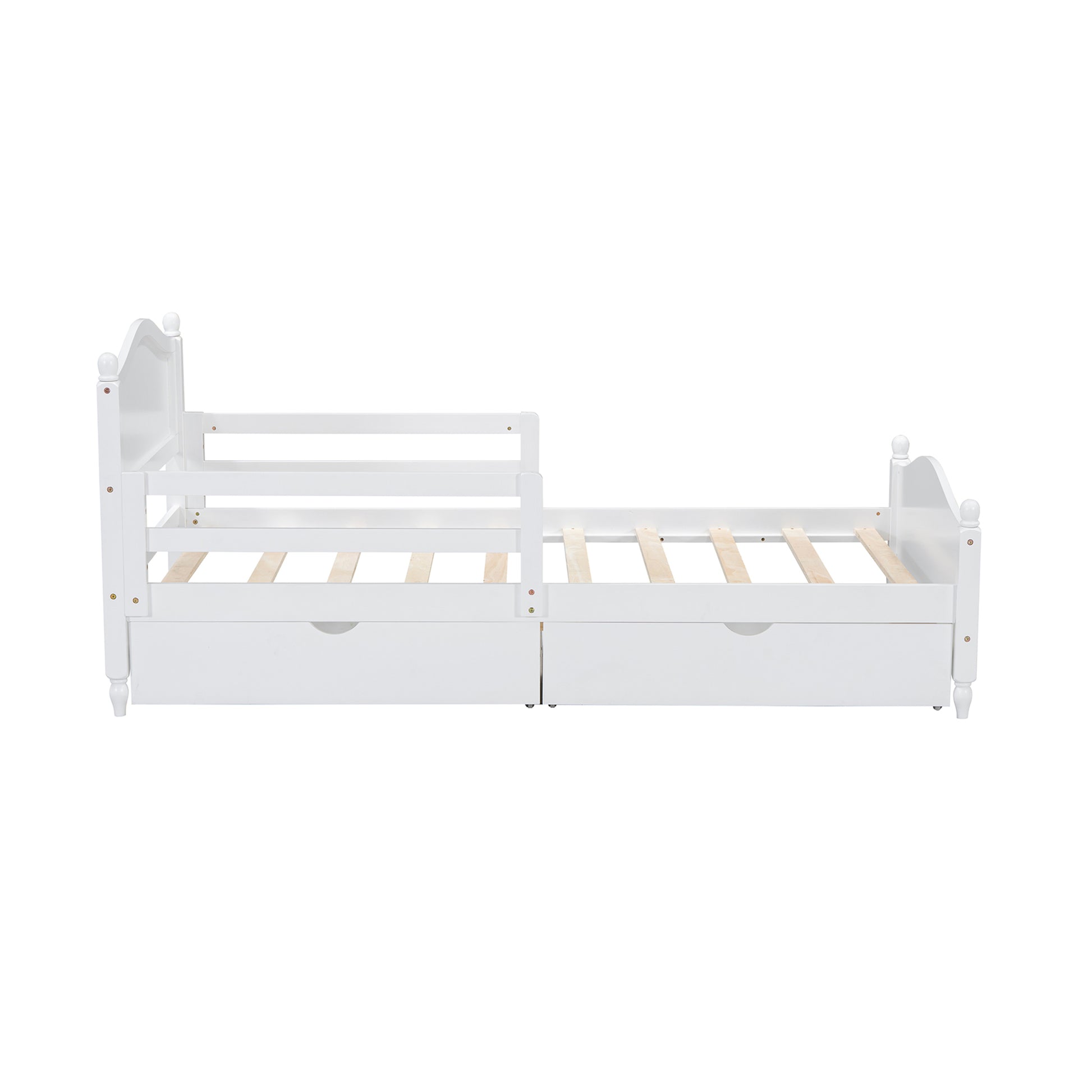 Twin Size Wood Platform Bed With Guardrails On Both Sides And Two Storage Drawers ,White Twin White Wood