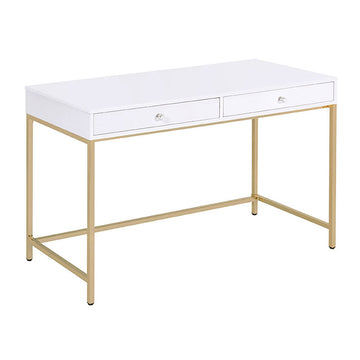 White High Gloss And Gold 2 Drawer Writing Desk White Gold Writting Desk Office Contemporary Freestanding Rectangular Drawers Rectangular Desk Wood Metal H Shape