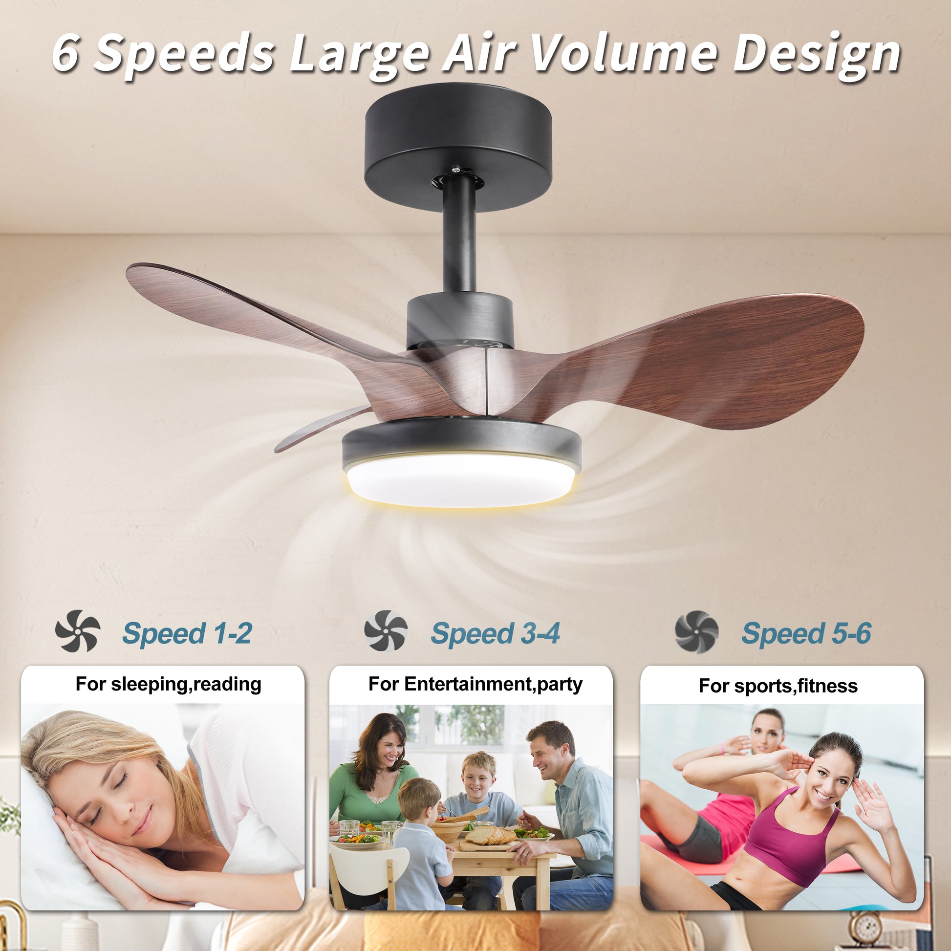 24" Black Small Ceiling Fan With Light Remote Control ,Modern Low Profile Ceiling Fan, 6 Speeds Quiet Reversible Dc Motor For Bedroom,Kitchen Black Brown Classic Abs Steel Q235