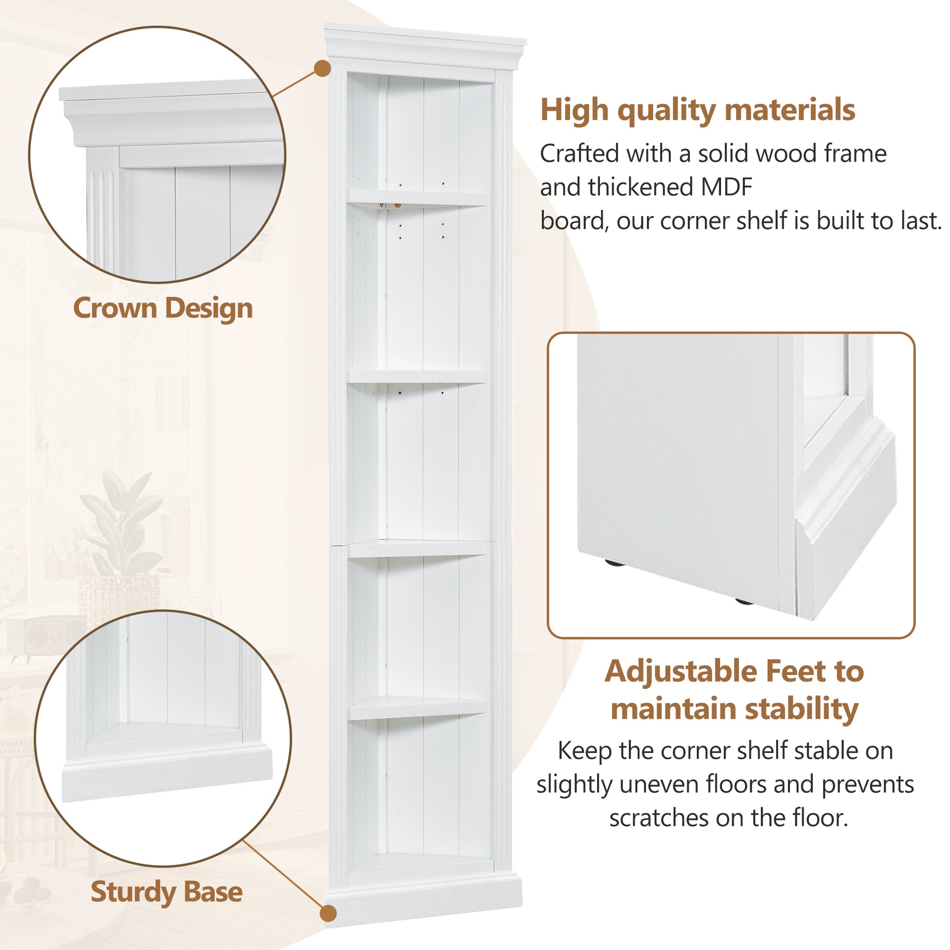 83.4"Tall Modern Corner Shelf,5 Tier Corner Bookcase, Storage Standing Shelf Unit, Open Corner Plant Display Stand For Small Space For Living Room,Wall Corner, Home Office,White White Solid Wood Mdf