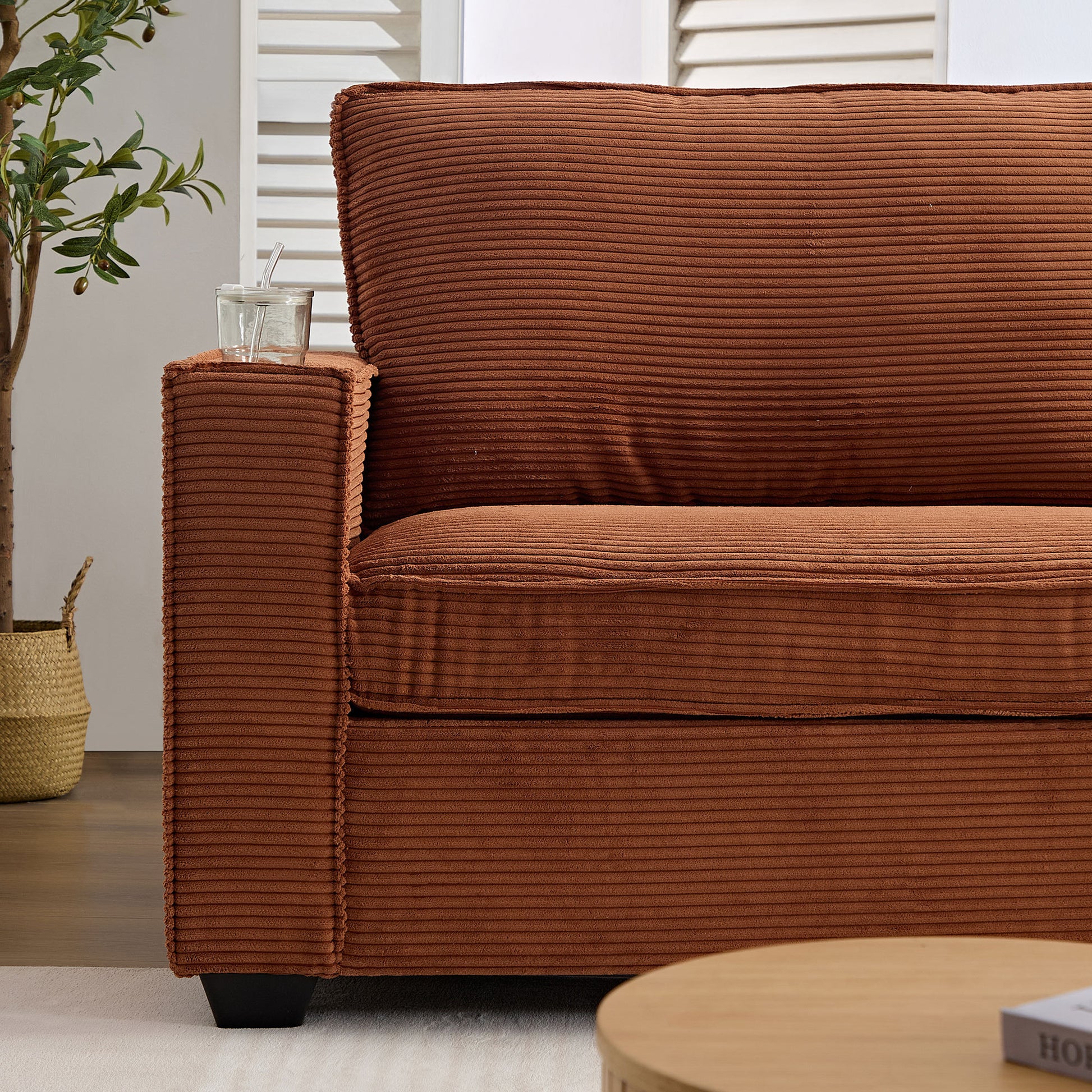 Corduroy Sofa, 87.4 Inch Modern Design Sofa With Cup Holder And Storage Bags, Deep Seat Sofa Couch,Comfy Couch For Living Room,Apartment,Brown Brown Corduroy 3 Seat