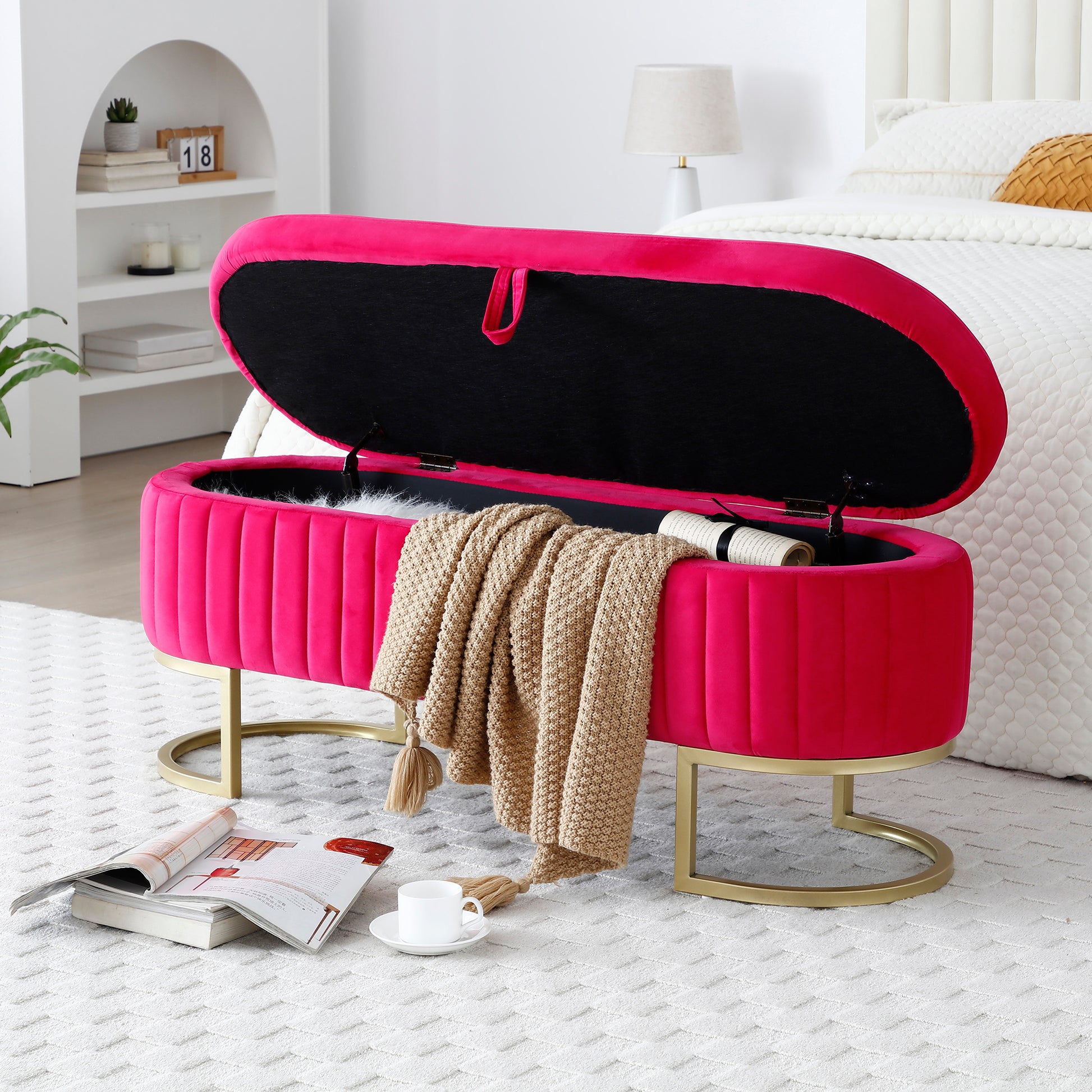 Storage Bench Bedroom Bench, Velvet Oval Upholstered End Of Bed Bench With Golden Metal Legs,50"Modern Storage Ottoman Bench For Bedroom, Living Room,Entryway,Window, Rose Red Rose Red Velvet