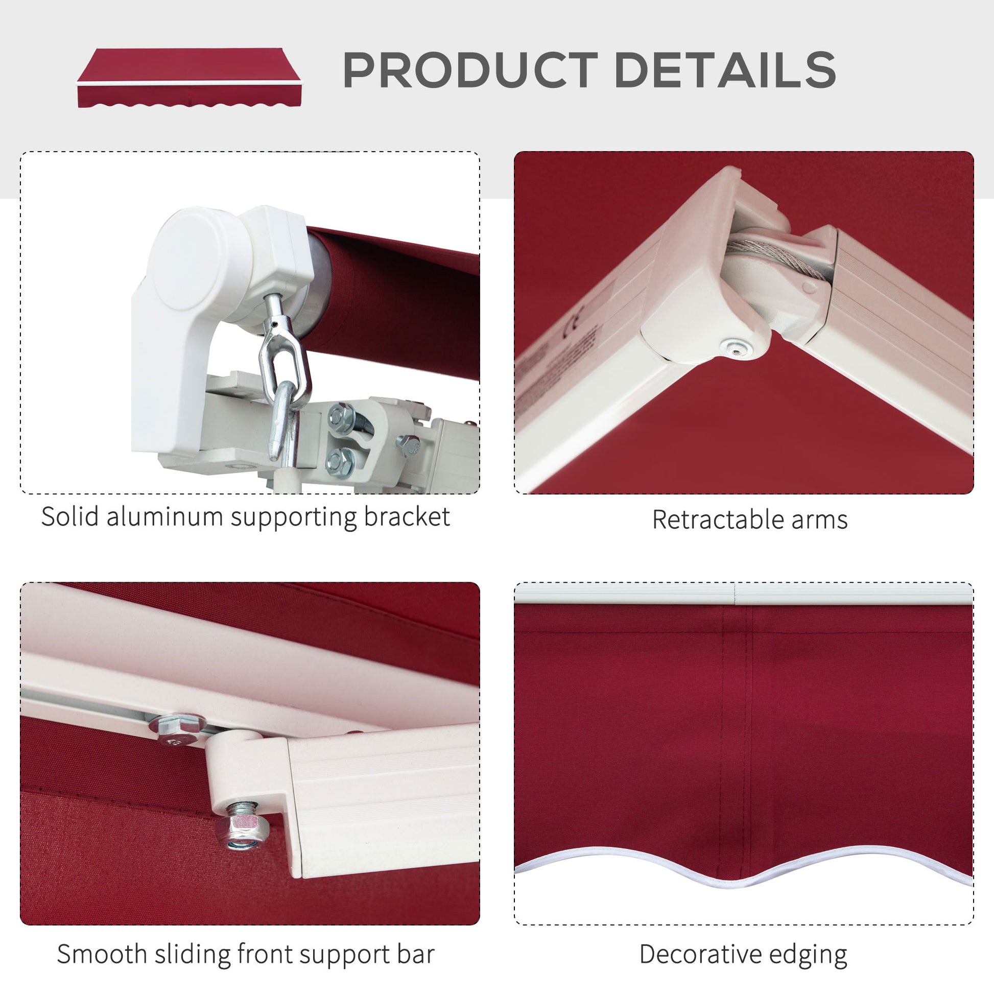 Outsunny 8' X 7' Patio Retractable Awning, Manual Exterior Sun Shade Deck Window Cover, Wine Red Red Aluminum