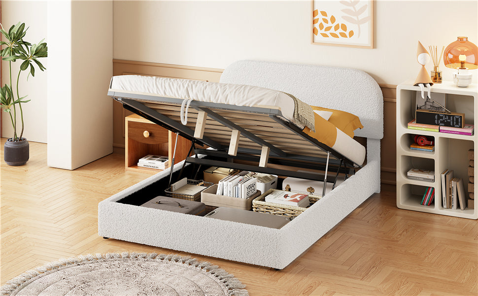 Teddy Fleece Full Size Upholstered Platform Bed With Hydraulic Storage System, White Full White Teddy