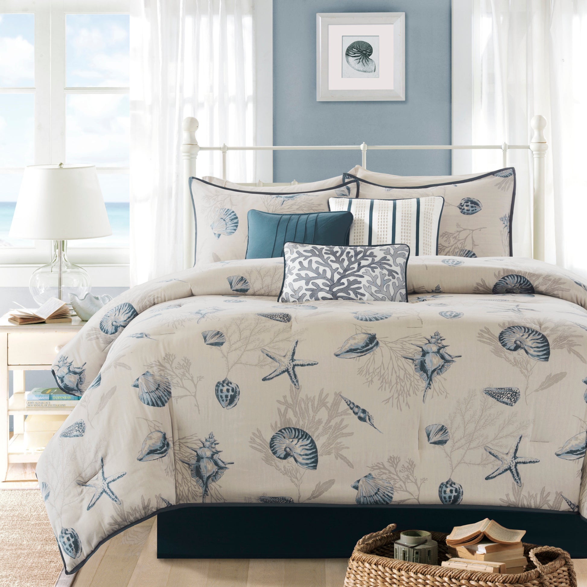 7 Piece Cotton Sateen Comforter Set Blue King King Blue Cotton