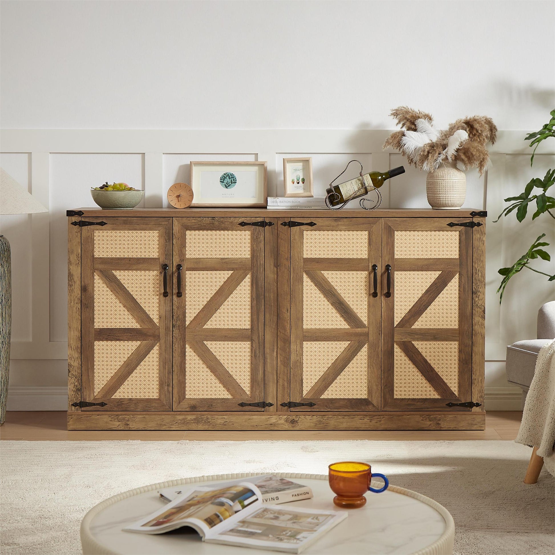 65 Inch Rustic Oak Color Faux Rattan Sideboard, Barn Door Rustic Style Sideboard, Living Room, Entryway, Bedroom, Dining Room Four Door Storage Cabinet Oak Particle Board Mdf