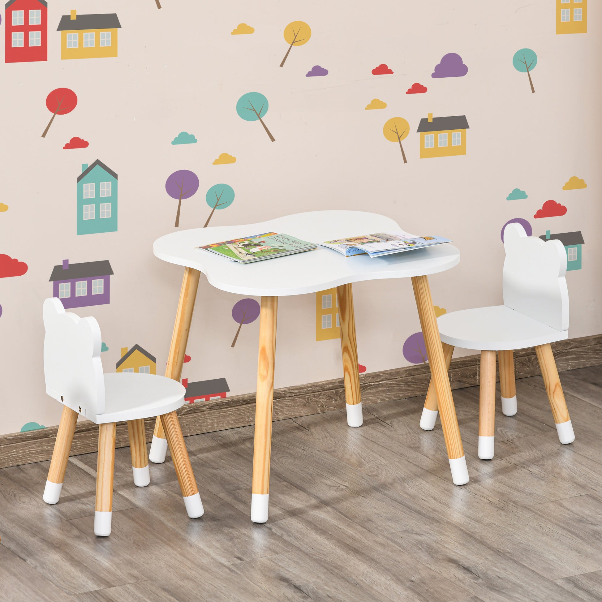 Qaba Wooden Kids Table And Chair Set Ideal For Arts, Meals, Homework, Cute Toddler Activity Table For Age 3 Years , White White Mdf