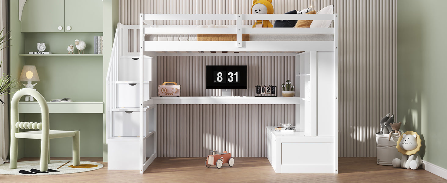 Full Size Loft Bed With Desk And Shelves, Two Built In Drawers, Storage Staircase, White Full White Plywood,Solid Wood Mdf