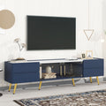 Modern Tv Stand With Led Lights For Tvs Up To 80 Inches, Entertainment Center With 4 Drawers And 1 Cabinet With Brown Glass Door, Media Console With Metal Legs And Handles For Living Room Blue 70 79 Inches Mdf