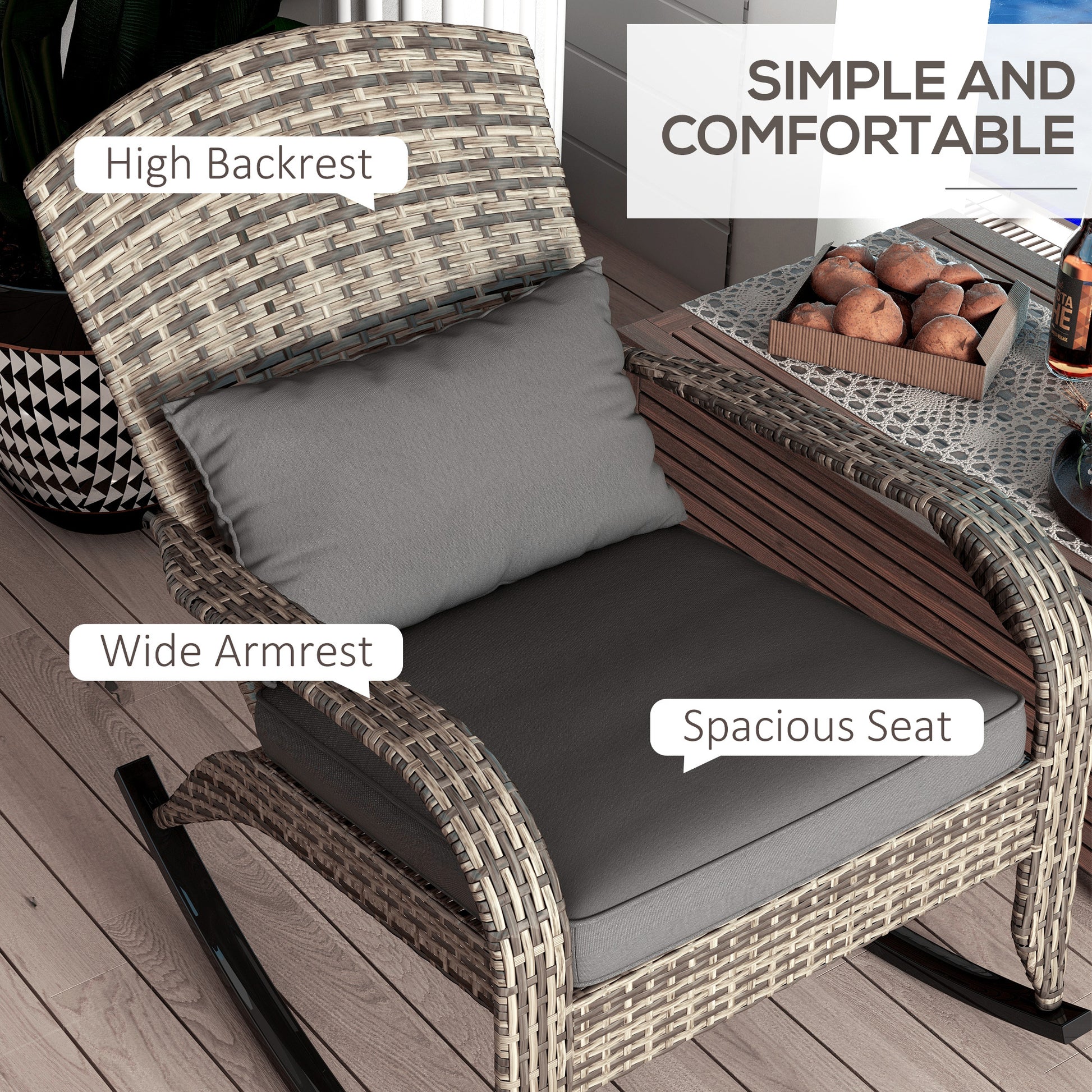 Outsunny Outdoor Wicker Adirondack Rocking Chair, Patio Rattan Rocker Chair With High Back, Seat Cushion, And Pillow For Garden, Porch, Balcony, Gray Gray Rattan