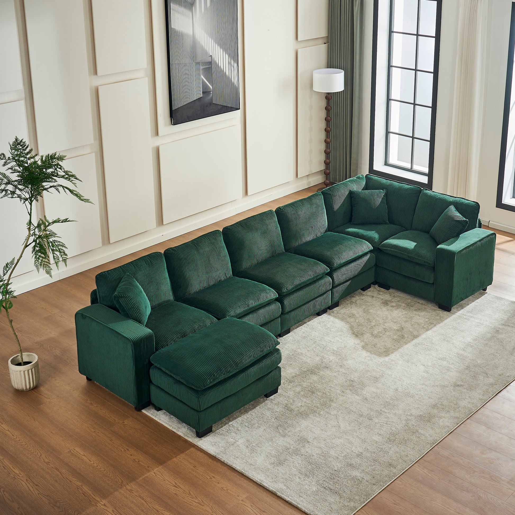 Modern U Shaped 6 Seat Sectional Sofa Couch With One Ottoman And Three Toss Pillows ,Modular Sofa For Living Room,Corduroy Sofa Green Corduroy 7 Seat