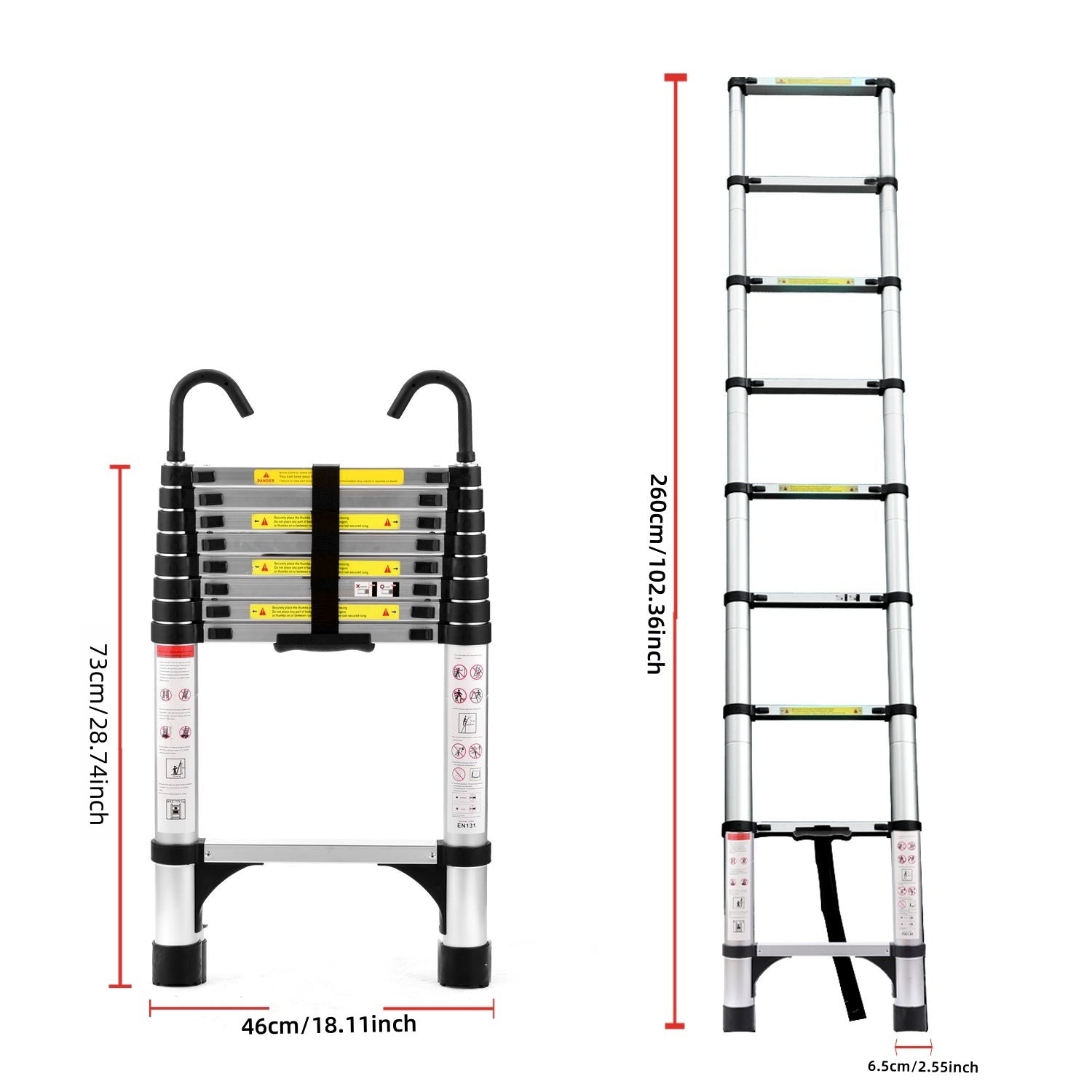 8.5Ft Telescopic Ladder, Telescopic Aluminum Alloy Multi Purpose Folding Telescopic Ladder With Hooks And Triangular Support Frame, Suitable For Outdoor Work At Home Or Rv Antique Silver Aluminium