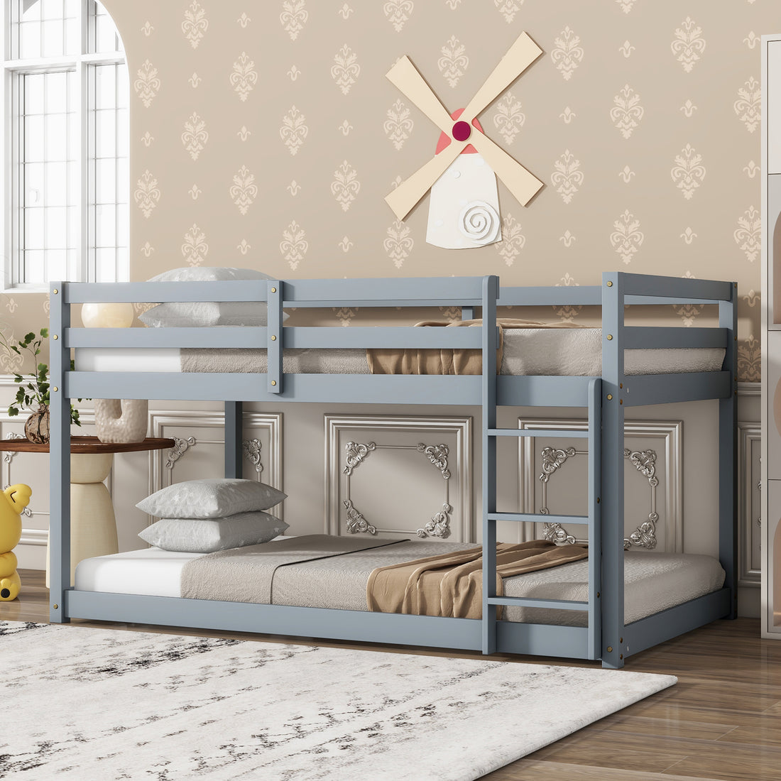 Solid Wooden, Solid Rubber Wooden Twin Over Twin Loft Bed With Ladder, With Bed Platform Of Strengthened Slatsgrey Twin Grey Rubber Wood