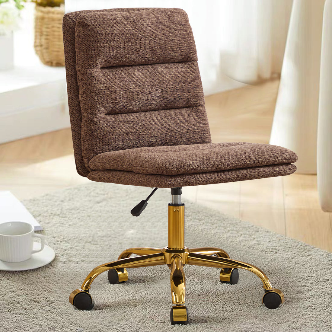 Yts Armless Office Chairs With Wheels And Fabric Cushions, Adjustable Vanity Chairs For Home Use, Open Workstations, Conference Halls, Welcome Areas, And Even Home Offices Brown Linen