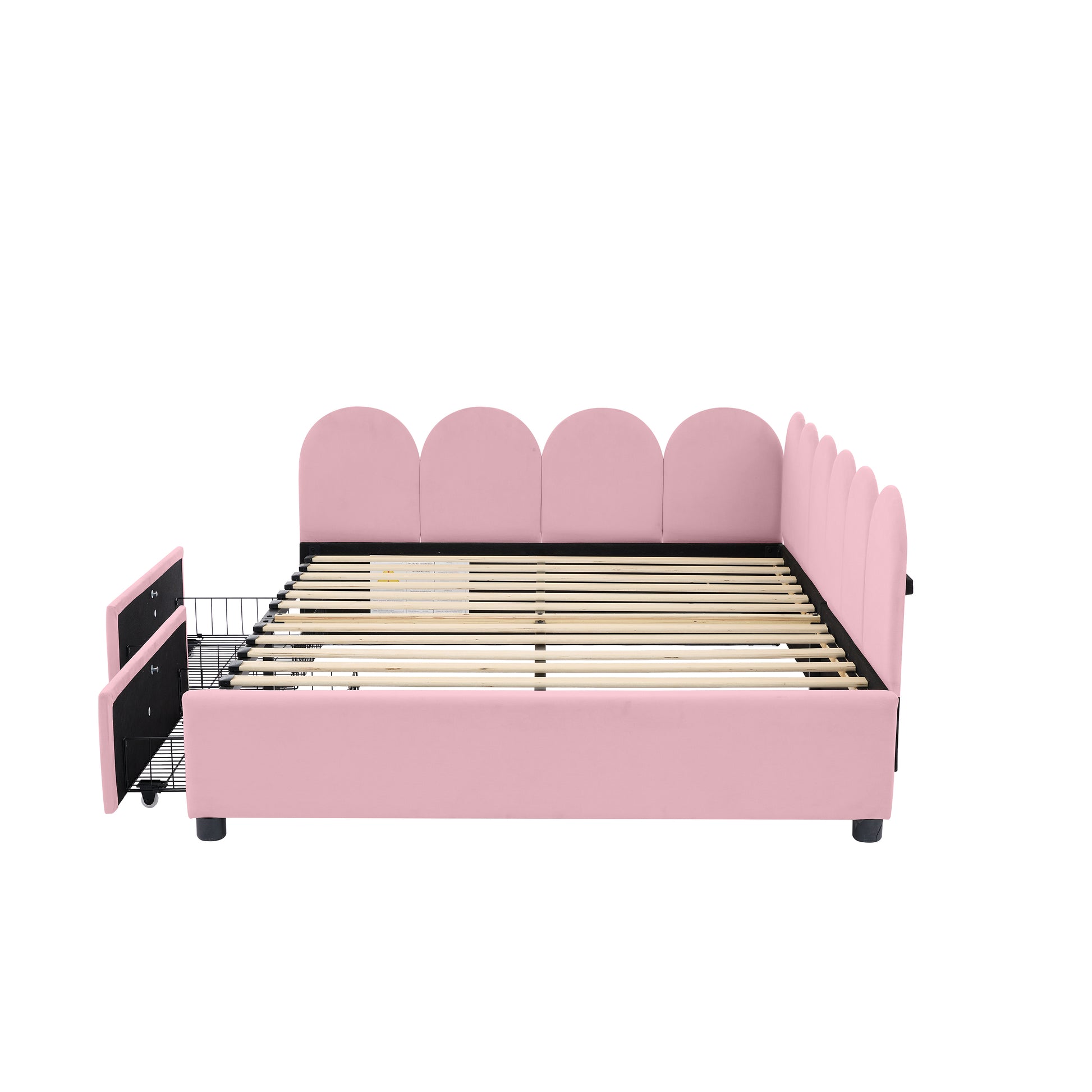 Full Size Upholstered Daybed With 2 Drawers,Velvet Sofabed With Soft Fabric Headboard, No Box Spring Needed, Pink Full Pink Wood Fabric