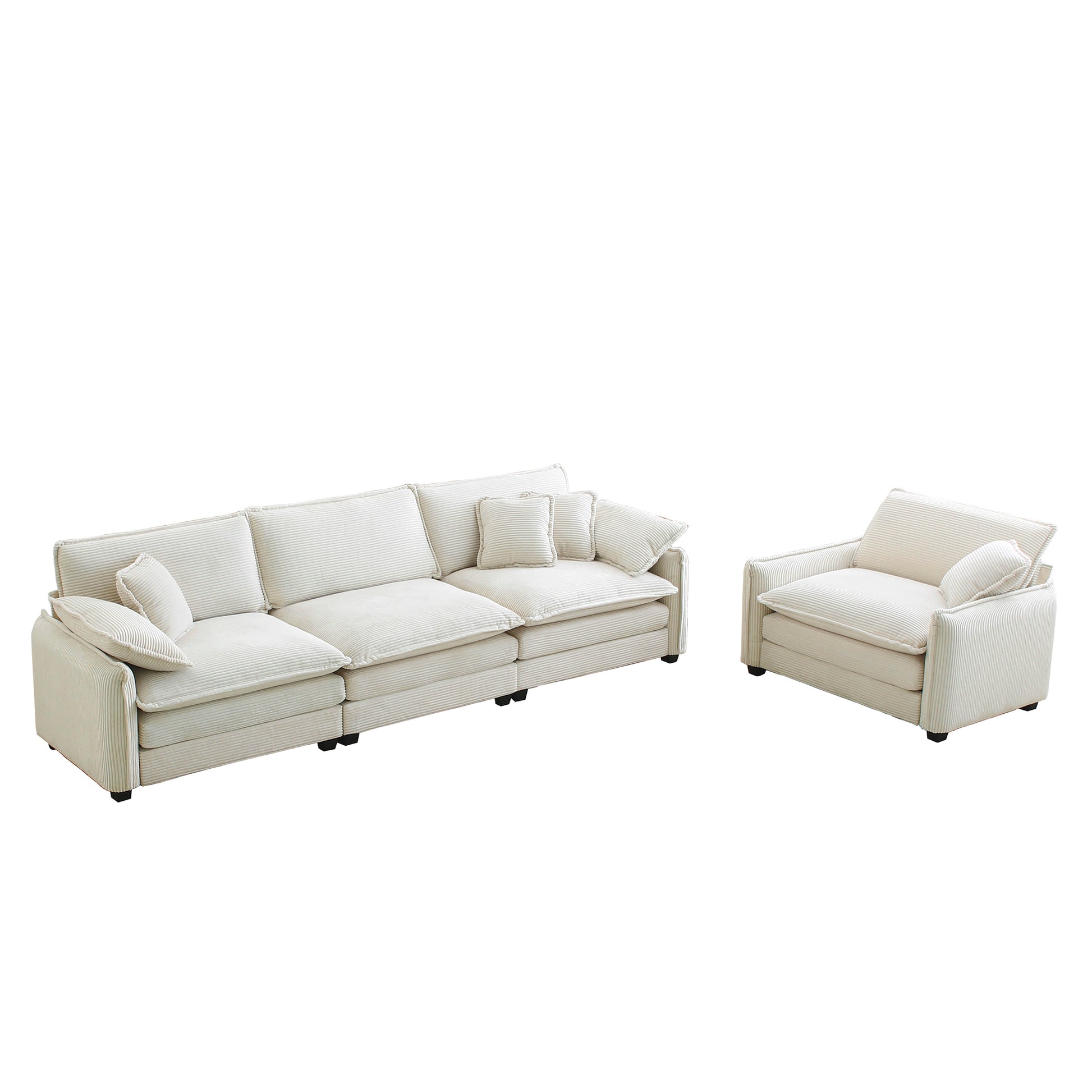 Mid Century Modern Sofa Set Of Two, One 3 Seater Sofa And One Single Seat Sofa With 2 Arm Pillows And 4 Throw Pillows,2 Pieces Sofa Set For Living Room, Beige Corduroy Fabric Beige Corduroy 4 Seat