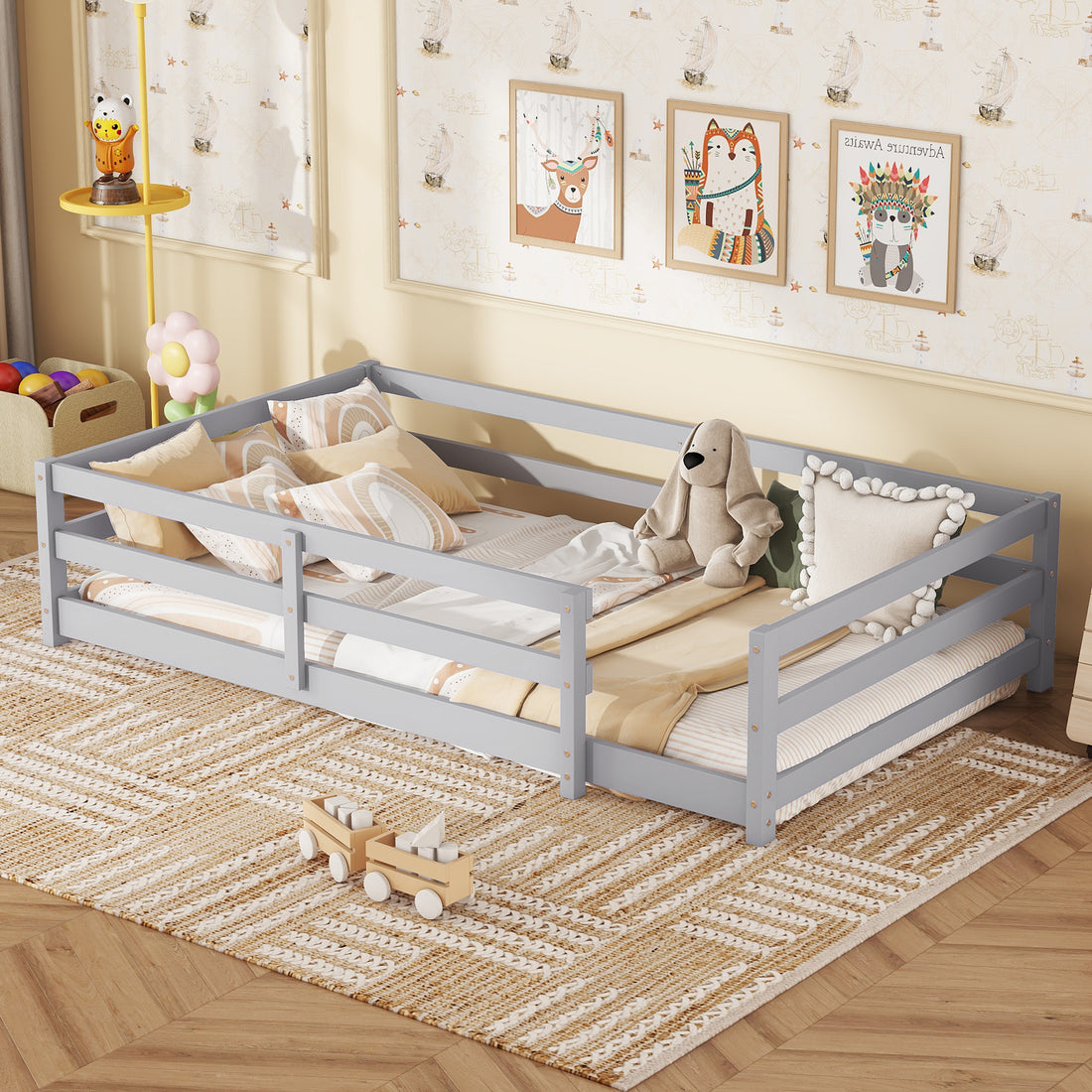 Twin Size Floor Bed, Montessori Floor Bed With Fence, Kids Montessori Bed Twin Size, Wood Montessori Floor Bed For Kids, Girls, Boys Gray Grey Wood Metal
