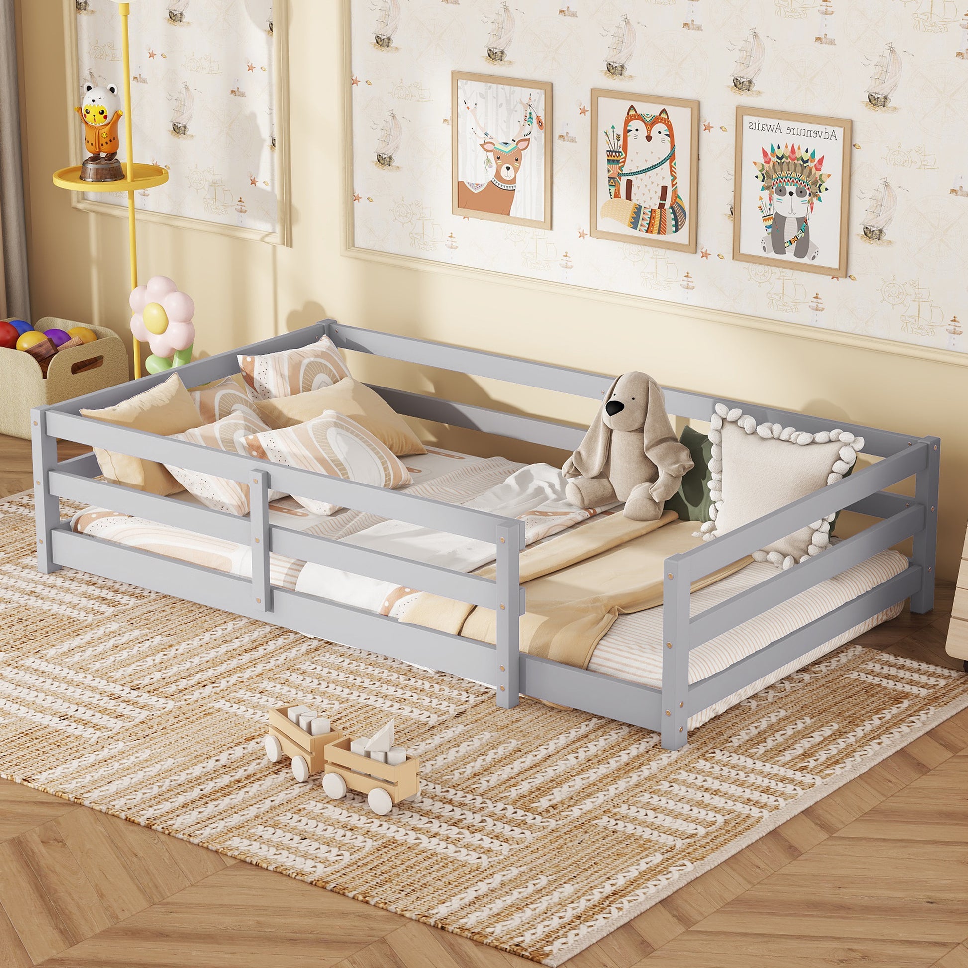 Twin Size Floor Bed, Montessori Floor Bed With Fence, Kids Montessori Bed Twin Size, Wood Montessori Floor Bed For Kids, Girls, Boys Gray Grey Wood Metal