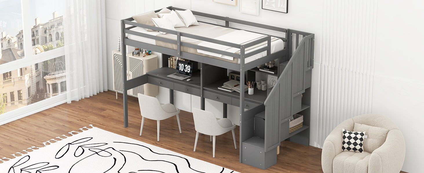 Twin Size Loft Bed Frame With Storage Staircase And Double Desks And Shelves,Gray Twin Gray Solid Wood Mdf