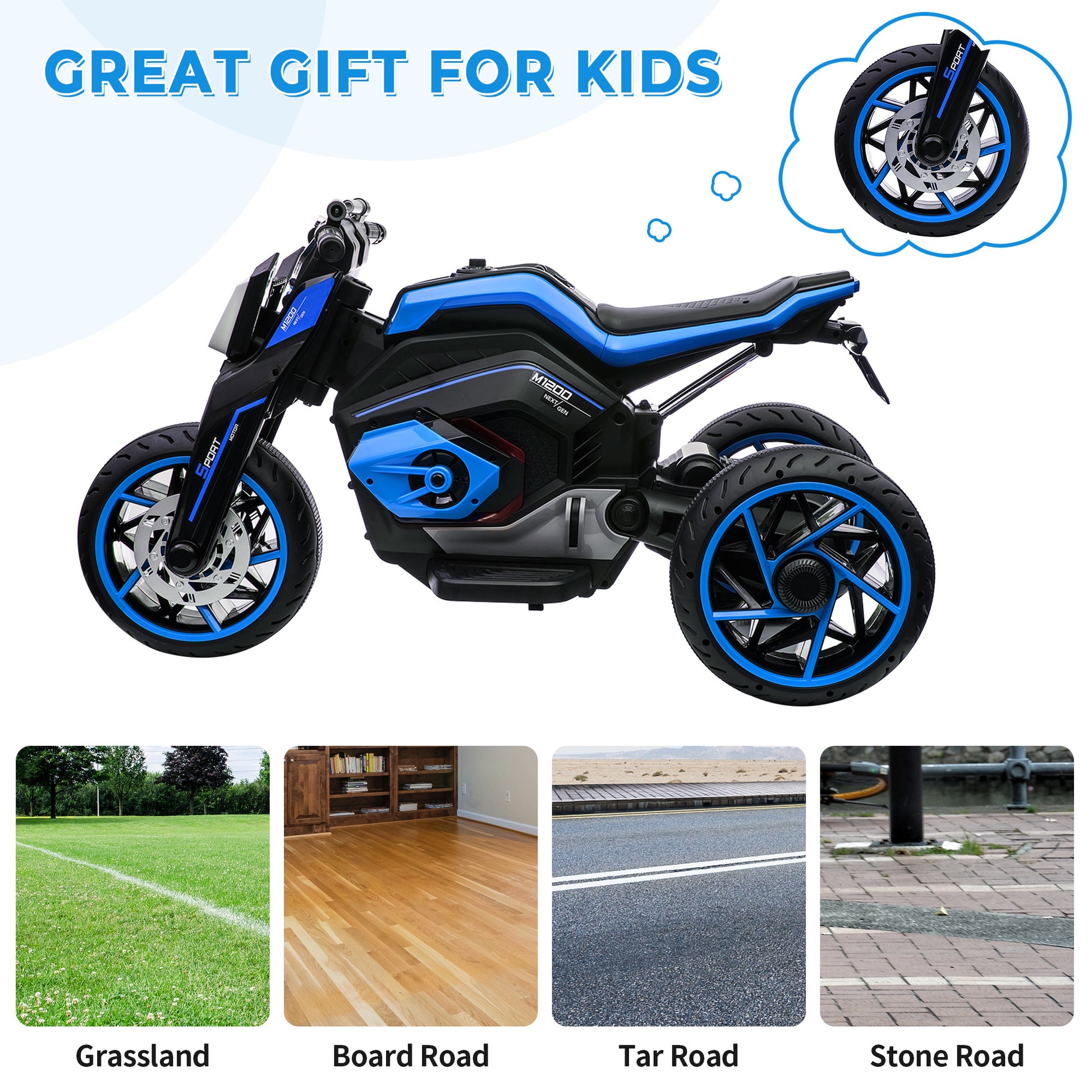 12V Three Wheel Ride On Motorcycle, Kids Electric Motorbike With Horns, Led Lights, Gift For Kids 3 8 Years,Blue Blue Polypropylene