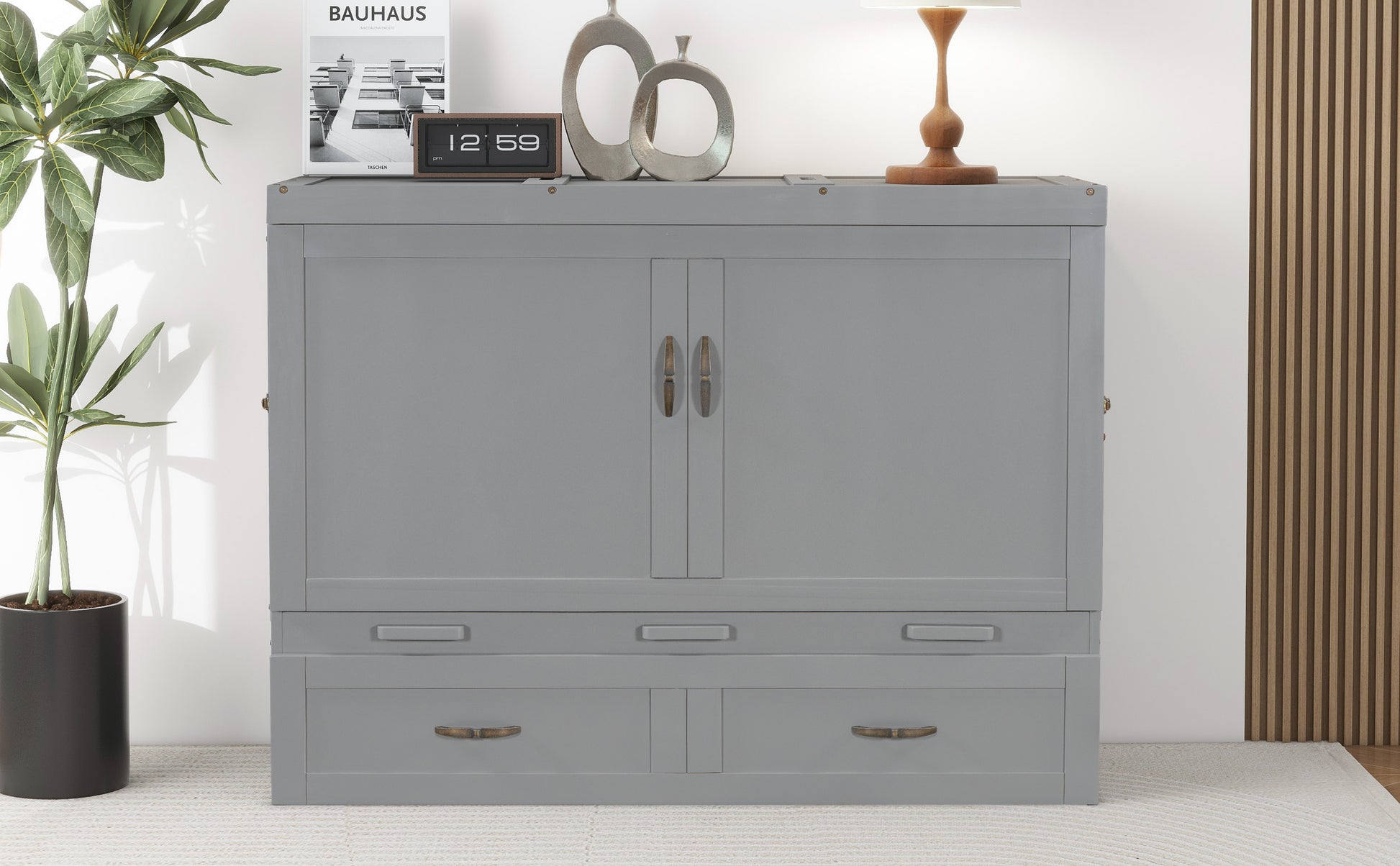 Queen Size Murphy Bed With Usb Ports, Large Drawers And Metal Handles,Gray Queen Gray Solid Wood Mdf