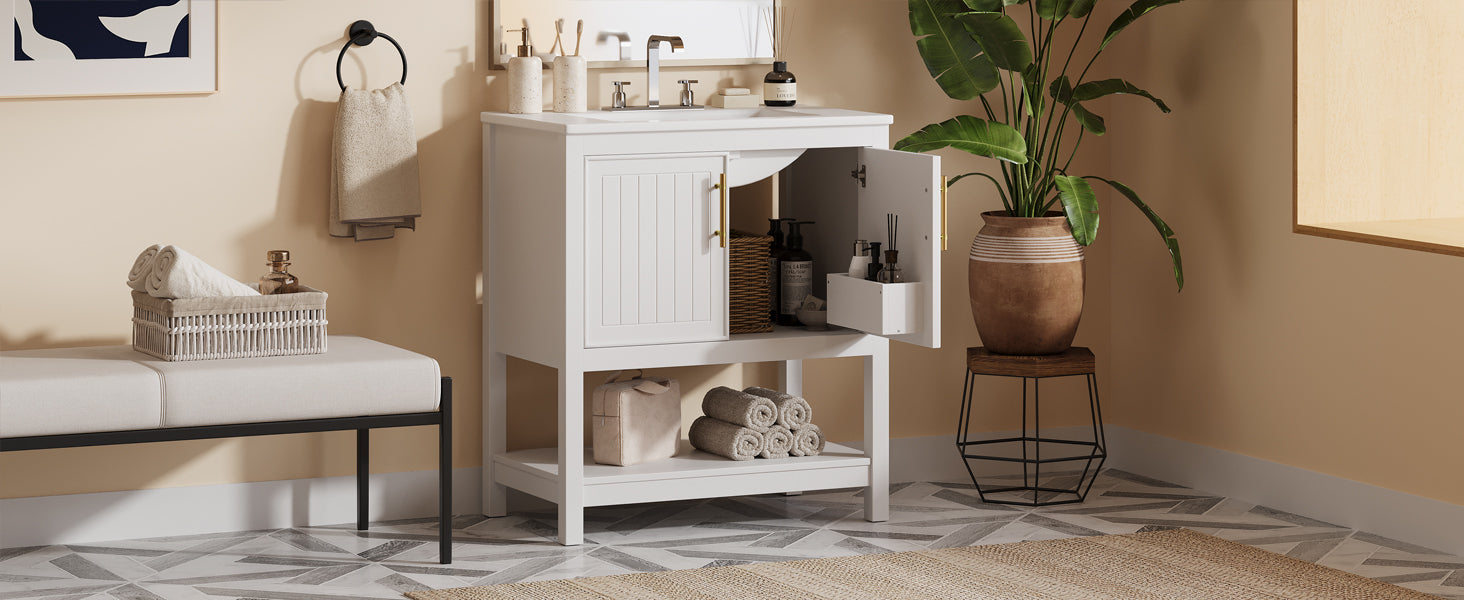 30 Inch White Bathroom Vanity With Ceramic Sink And Versatile Storage Ideal For Small Bathrooms White Bathroom Solid Wood Mdf