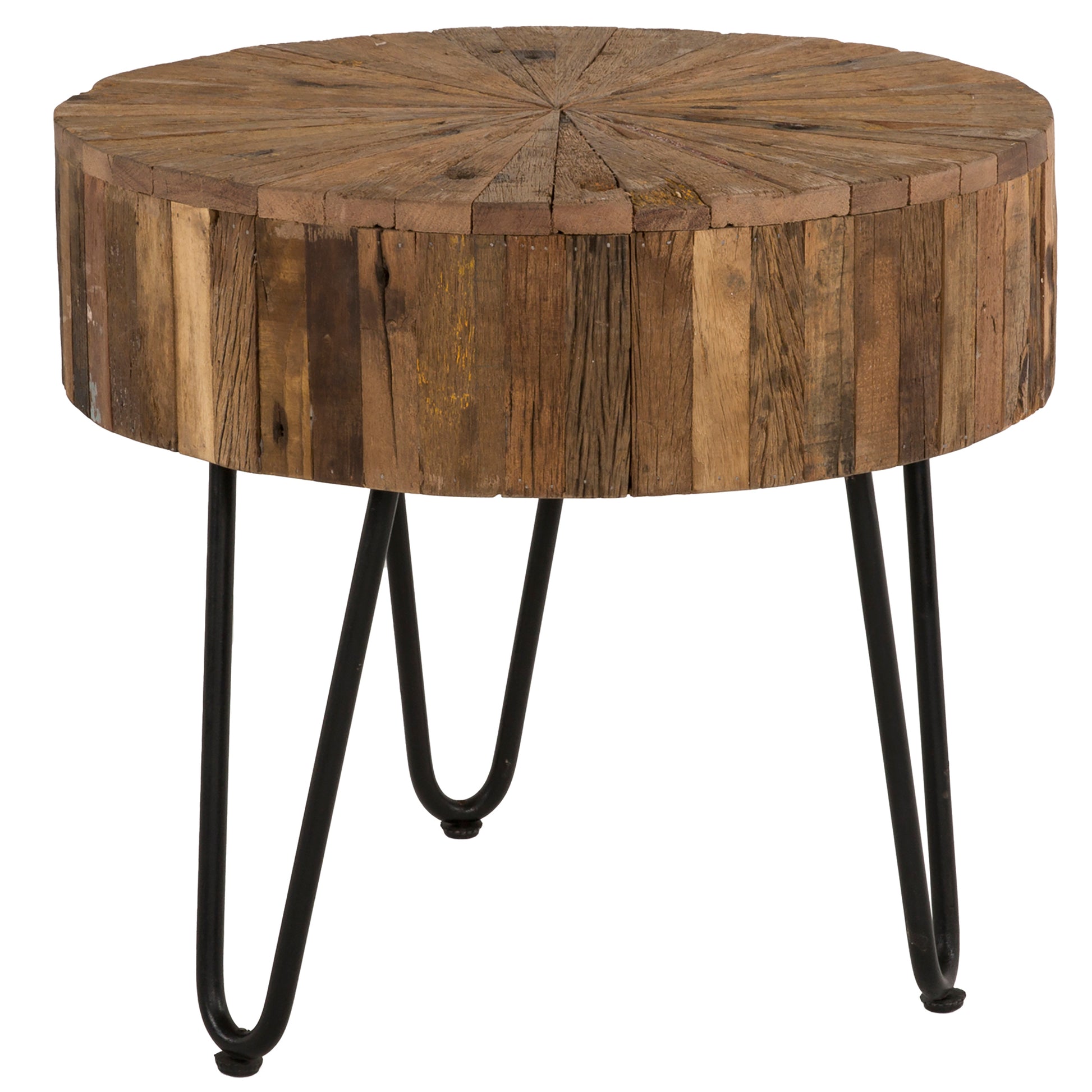 Contemporary 22 In. Round Reclaimed Wood Accent End Table, Iron Hairpin Legs, Living Room Side Table, Brown And Black Black Brown Brown Primary Living Space Contemporary,Industrial Freestanding Round Wood Metal